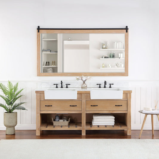 Villareal 72" Double Vanity in Weathered Pine with Composite Stone Top in White, White Farmhouse Basin