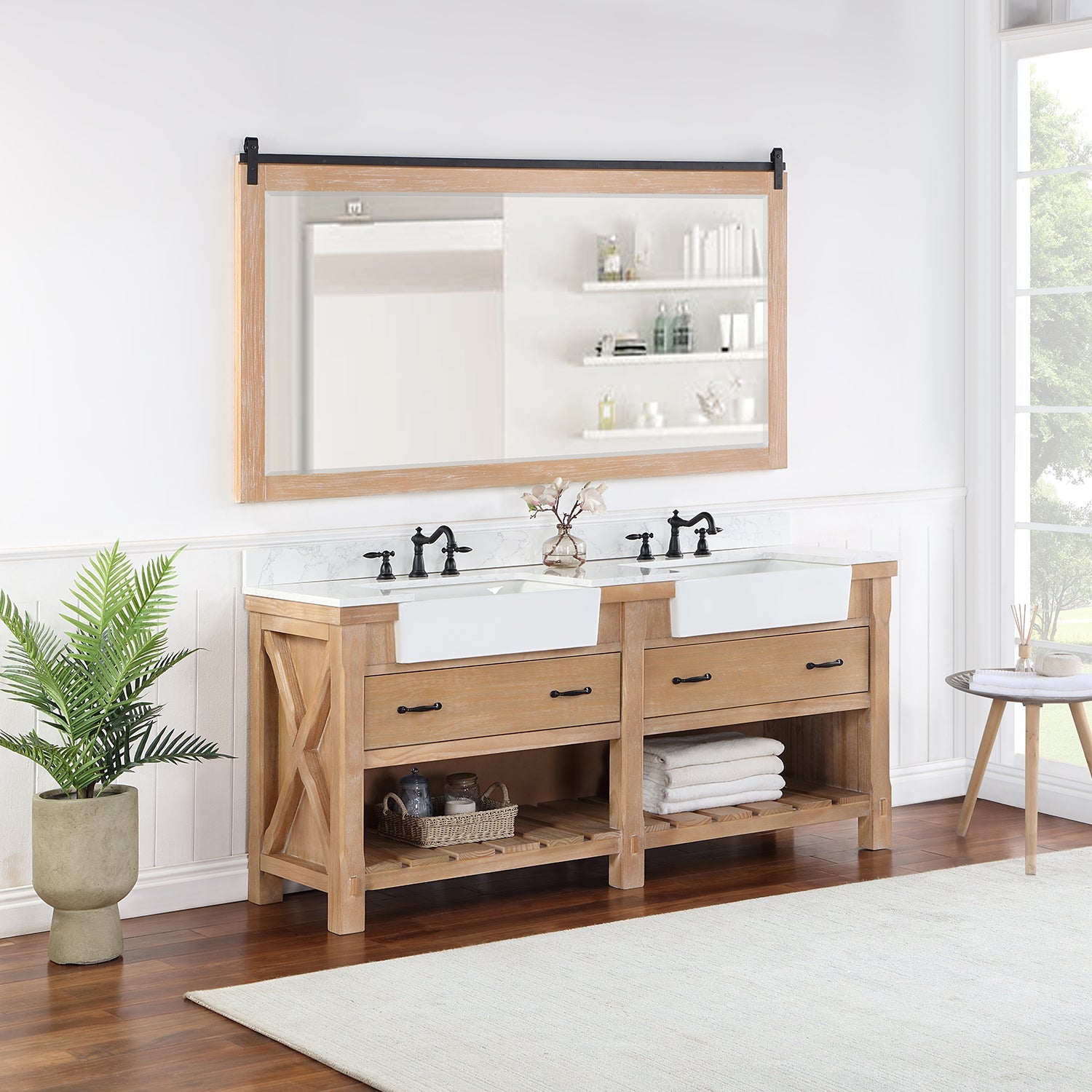 Villareal 72" Double Vanity in Weathered Pine with Composite Stone Top in White, White Farmhouse Basin
