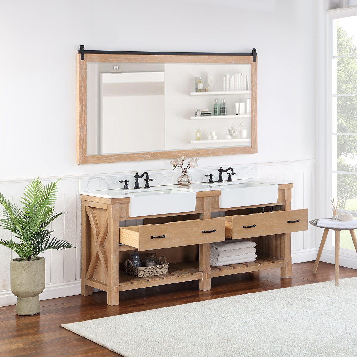 Villareal 72" Double Vanity in Weathered Pine with Composite Stone Top in White, White Farmhouse Basin