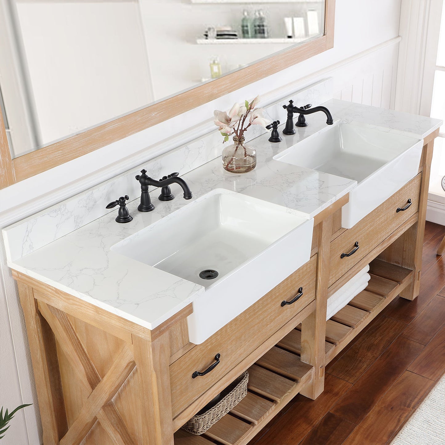 Villareal 72" Double Vanity in Weathered Pine with Composite Stone Top in White, White Farmhouse Basin