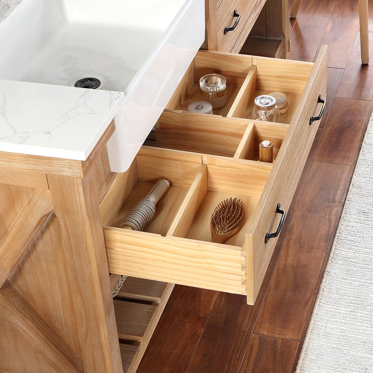 Villareal 72" Double Vanity in Weathered Pine with Composite Stone Top in White, White Farmhouse Basin