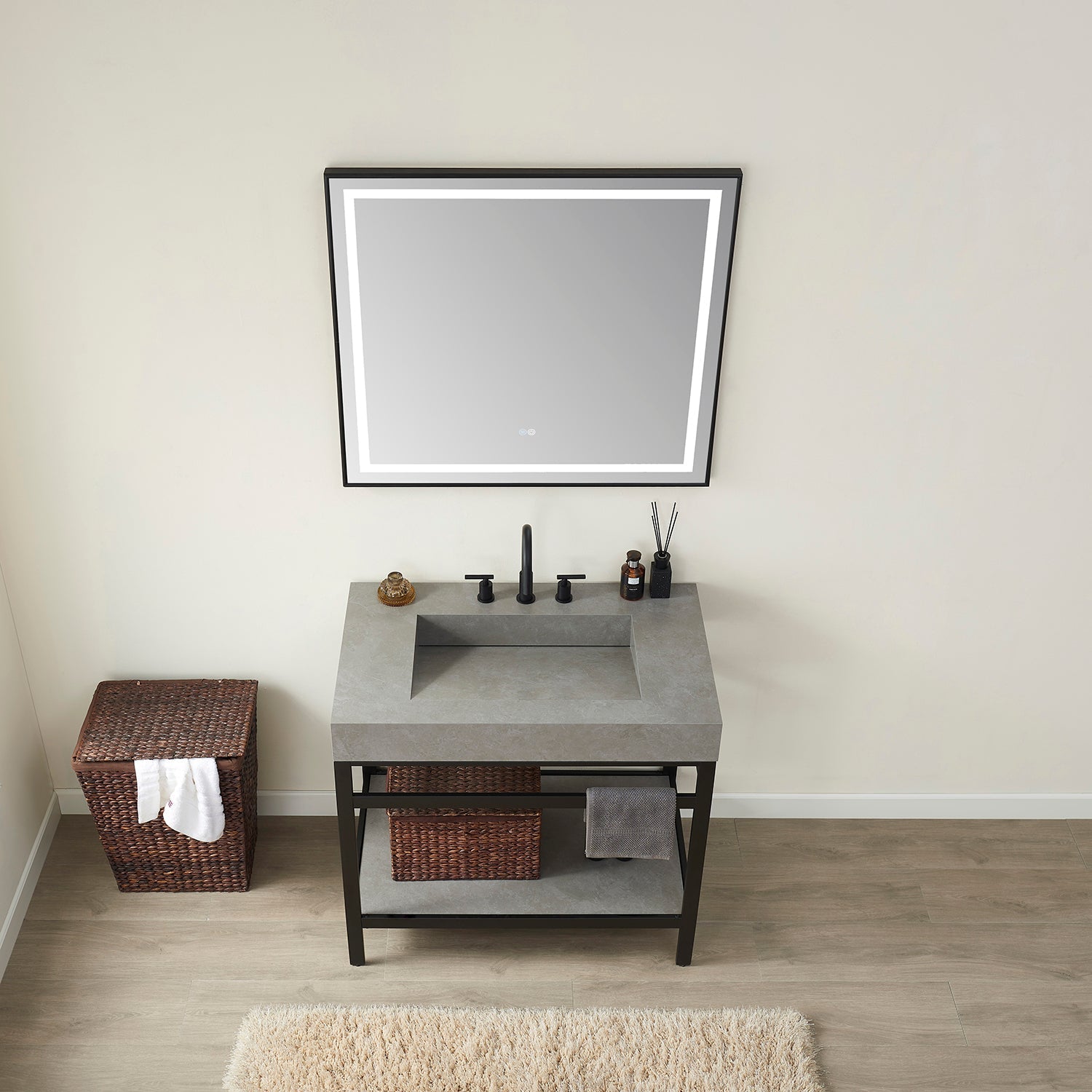 Lleida 36" Single Sink Bath Vanity in Matt Black Metal Support with Grey Sintered Stone Top