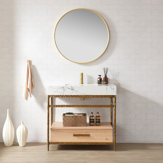 Dhaka 36" Free-standing Single Bath Vanity in Yellow Bronze Metal Support with Pandora White Composite Stone Top