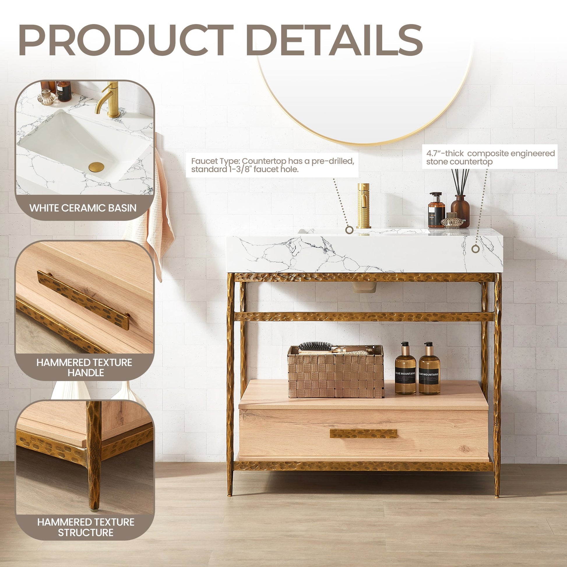 Dhaka 36" Free-standing Single Bath Vanity in Yellow Bronze Metal Support with Pandora White Composite Stone Top