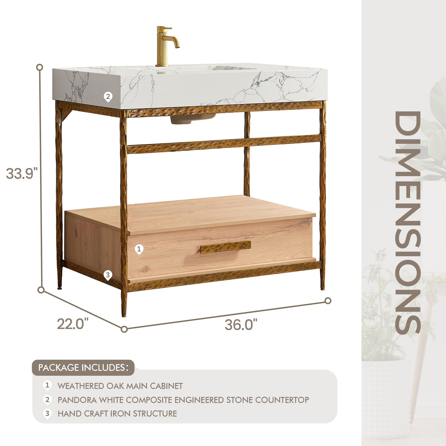 Dhaka 36" Free-standing Single Bath Vanity in Yellow Bronze Metal Support with Pandora White Composite Stone Top
