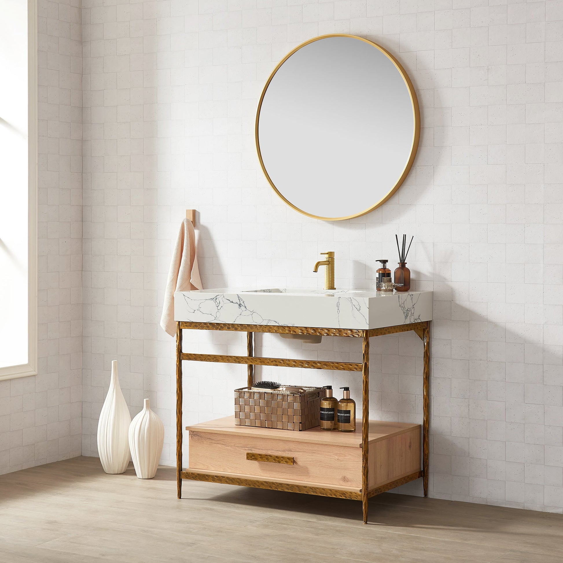Dhaka 36" Free-standing Single Bath Vanity in Yellow Bronze Metal Support with Pandora White Composite Stone Top