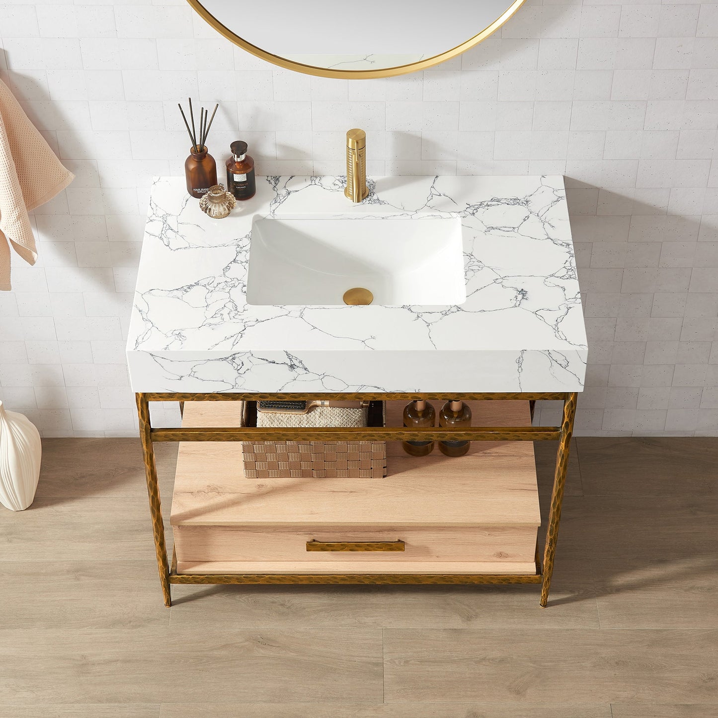 Dhaka 36" Free-standing Single Bath Vanity in Yellow Bronze Metal Support with Pandora White Composite Stone Top