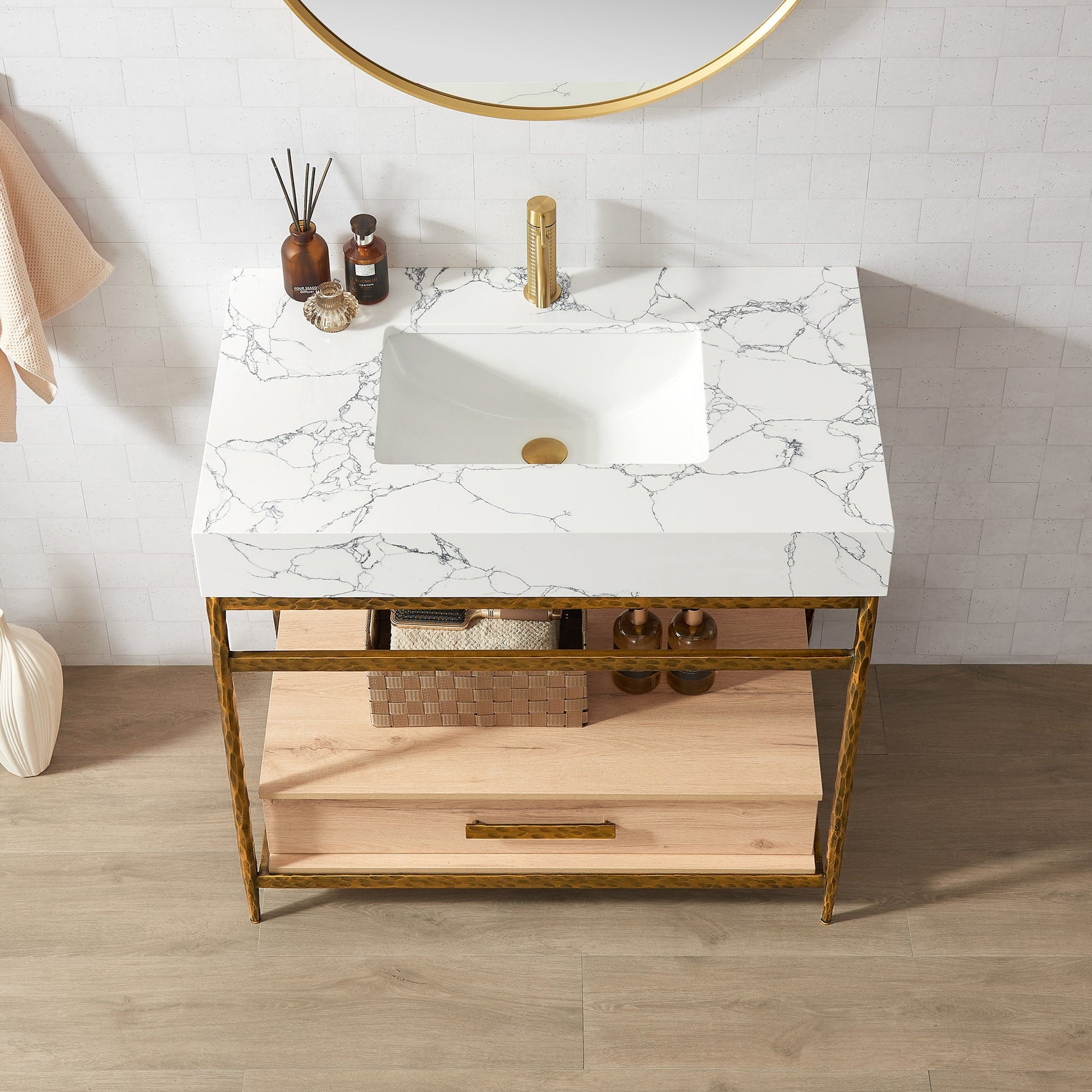 Dhaka 36" Free-standing Single Bath Vanity in Yellow Bronze Metal Support with Pandora White Composite Stone Top