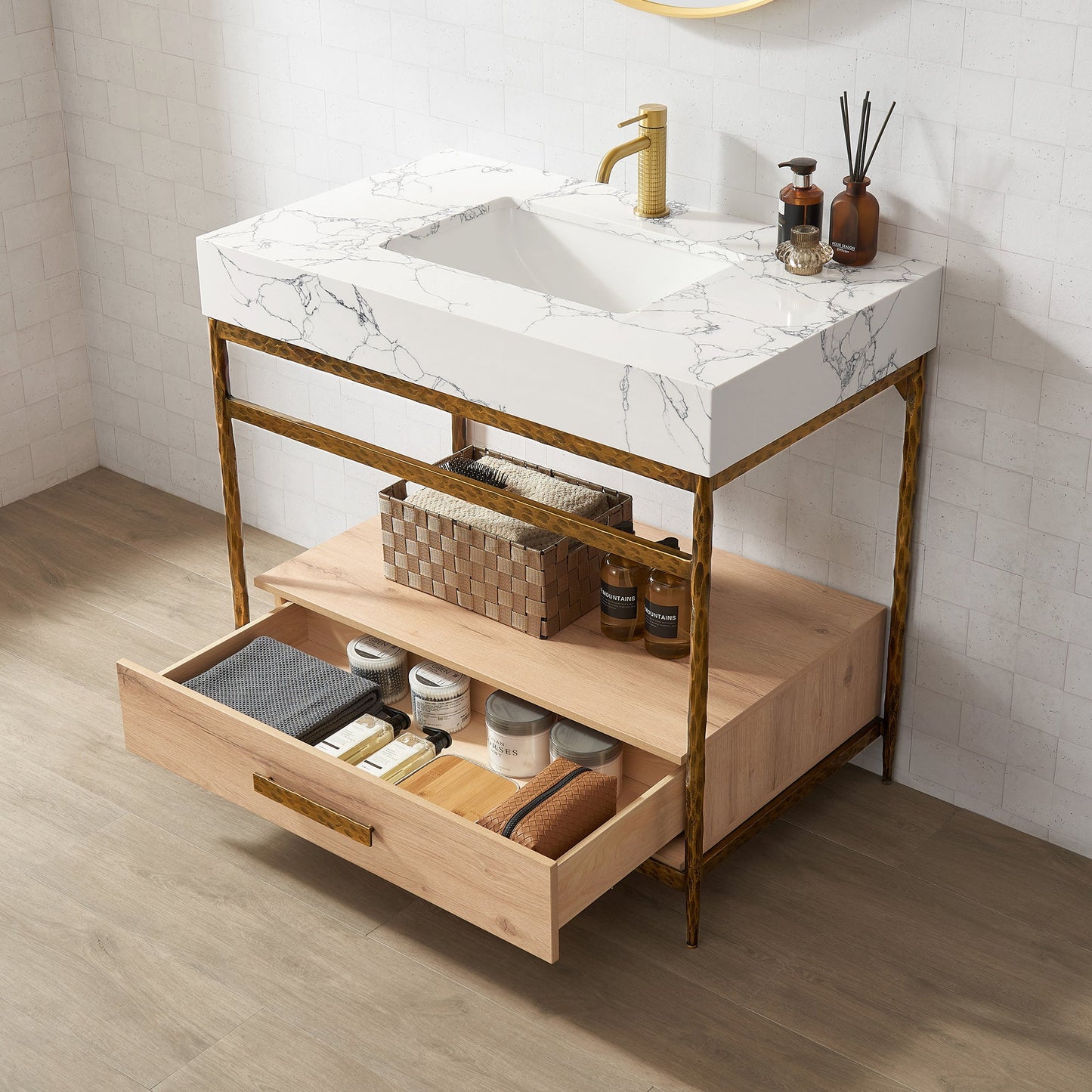 Dhaka 36" Free-standing Single Bath Vanity in Yellow Bronze Metal Support with Pandora White Composite Stone Top