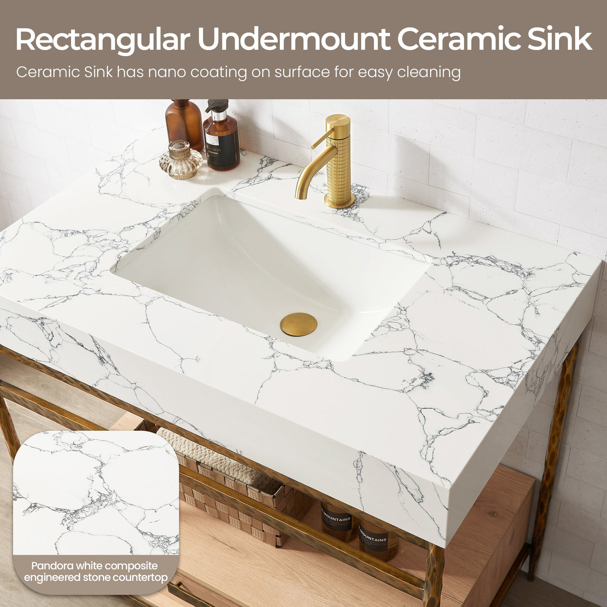 Dhaka 36" Free-standing Single Bath Vanity in Yellow Bronze Metal Support with Pandora White Composite Stone Top