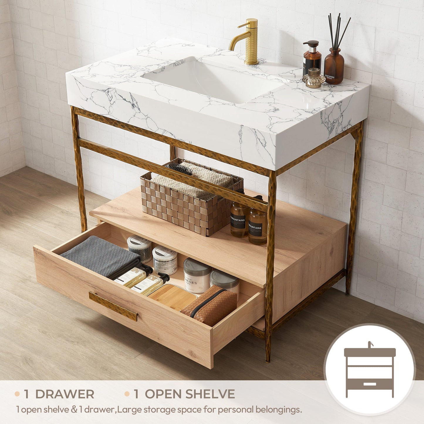 Dhaka 36" Free-standing Single Bath Vanity in Yellow Bronze Metal Support with Pandora White Composite Stone Top