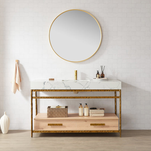 Dhaka 55" Free-standing Single Bath Vanity in Yellow Bronze Metal Support with Pandora White Composite Stone Top