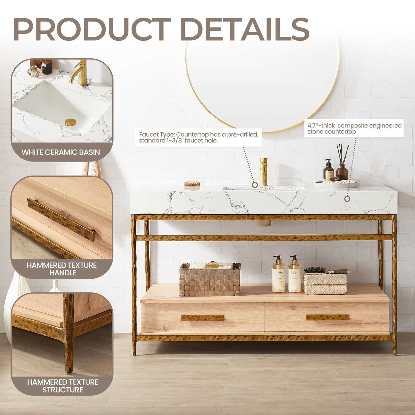 Dhaka 55" Free-standing Single Bath Vanity in Yellow Bronze Metal Support with Pandora White Composite Stone Top