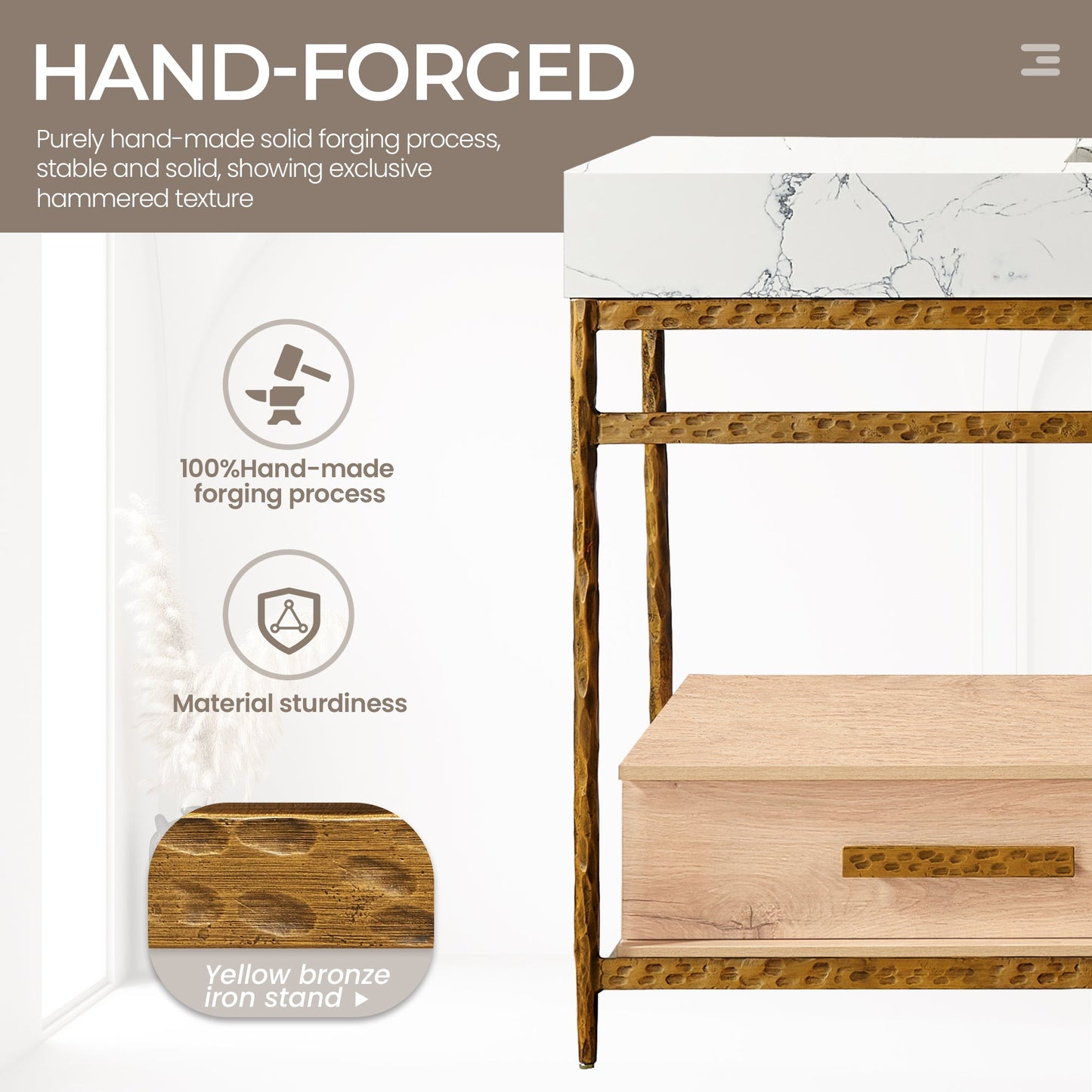 Dhaka 55" Free-standing Single Bath Vanity in Yellow Bronze Metal Support with Pandora White Composite Stone Top