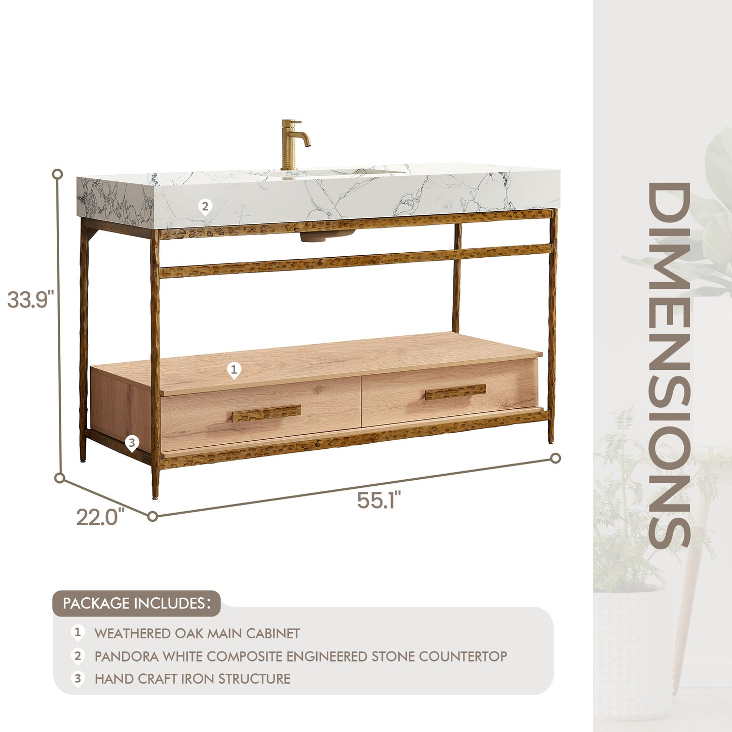 Dhaka 55" Free-standing Single Bath Vanity in Yellow Bronze Metal Support with Pandora White Composite Stone Top