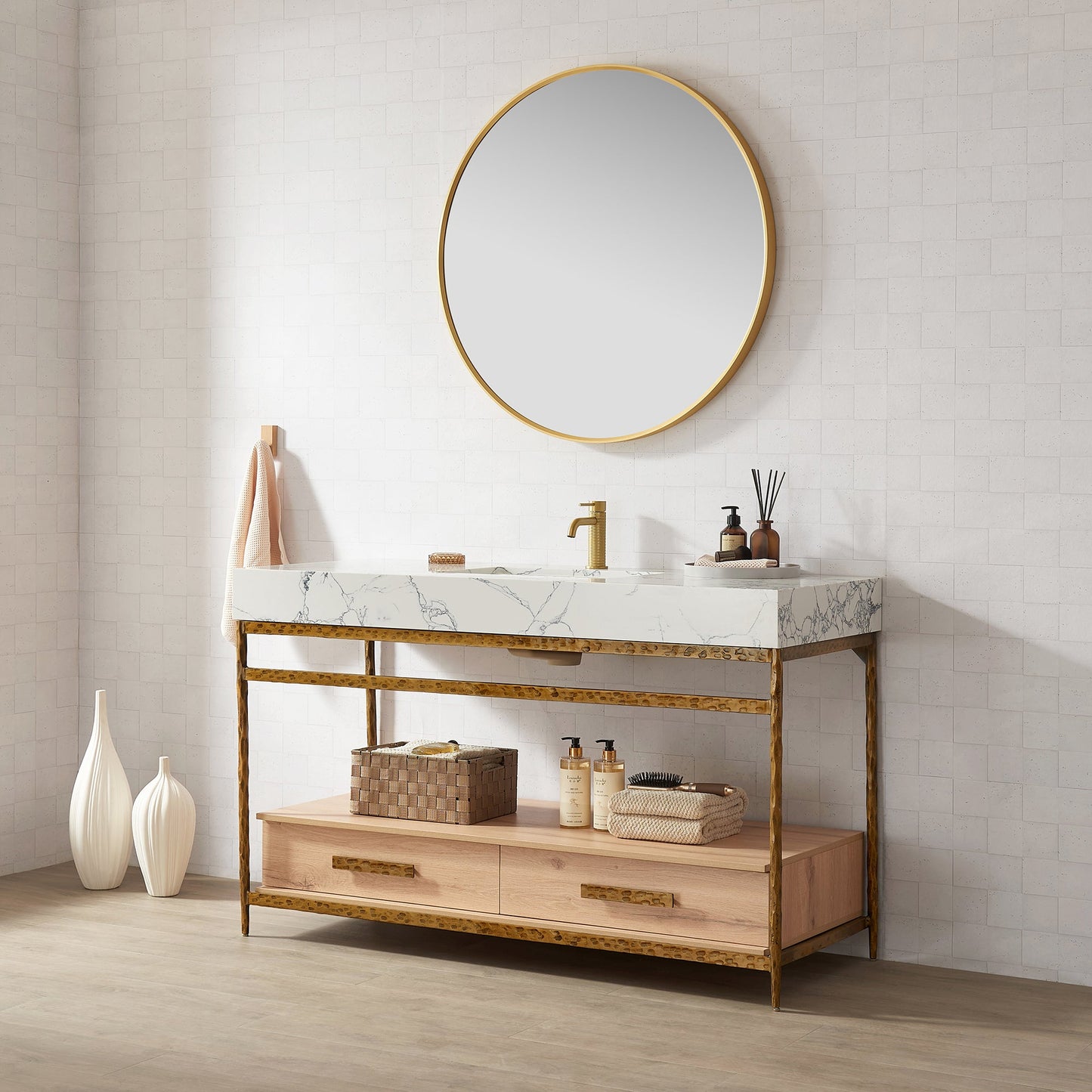Dhaka 55" Free-standing Single Bath Vanity in Yellow Bronze Metal Support with Pandora White Composite Stone Top