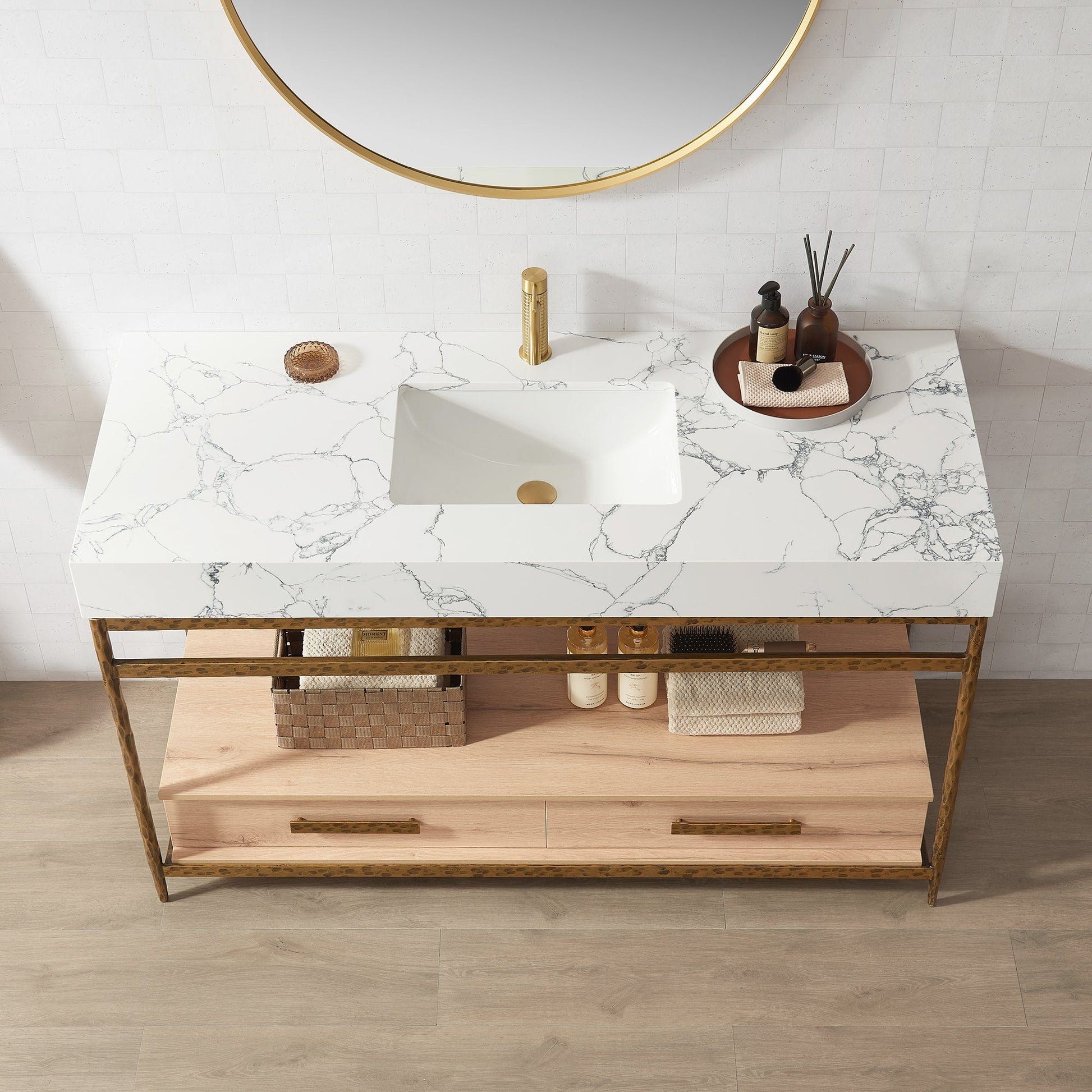 Dhaka 55" Free-standing Single Bath Vanity in Yellow Bronze Metal Support with Pandora White Composite Stone Top