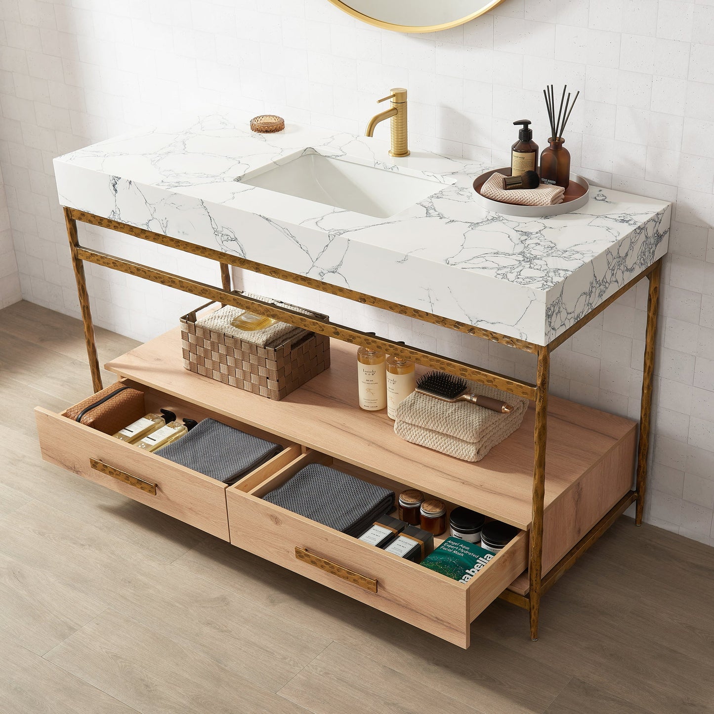 Dhaka 55" Free-standing Single Bath Vanity in Yellow Bronze Metal Support with Pandora White Composite Stone Top
