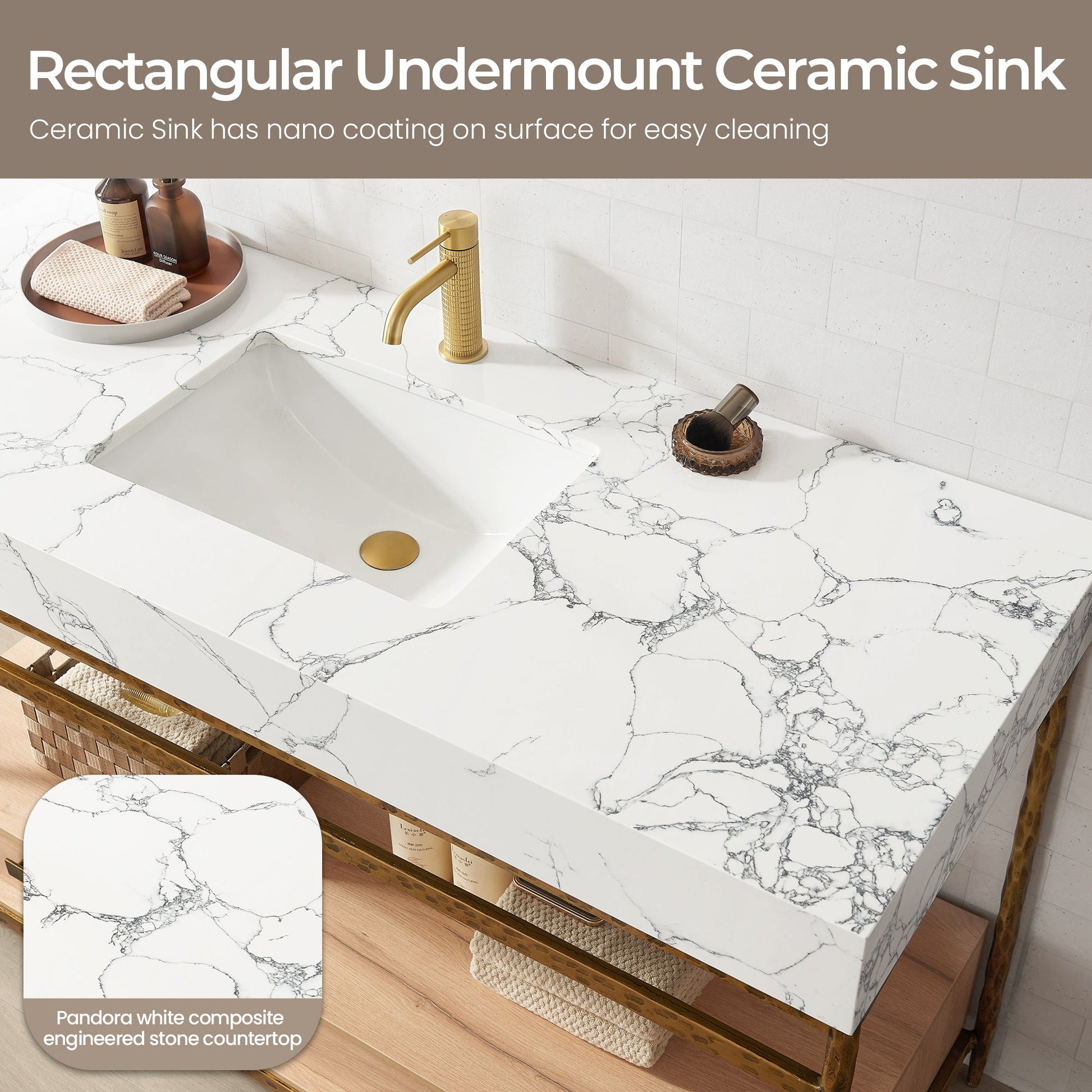 Dhaka 55" Free-standing Single Bath Vanity in Yellow Bronze Metal Support with Pandora White Composite Stone Top