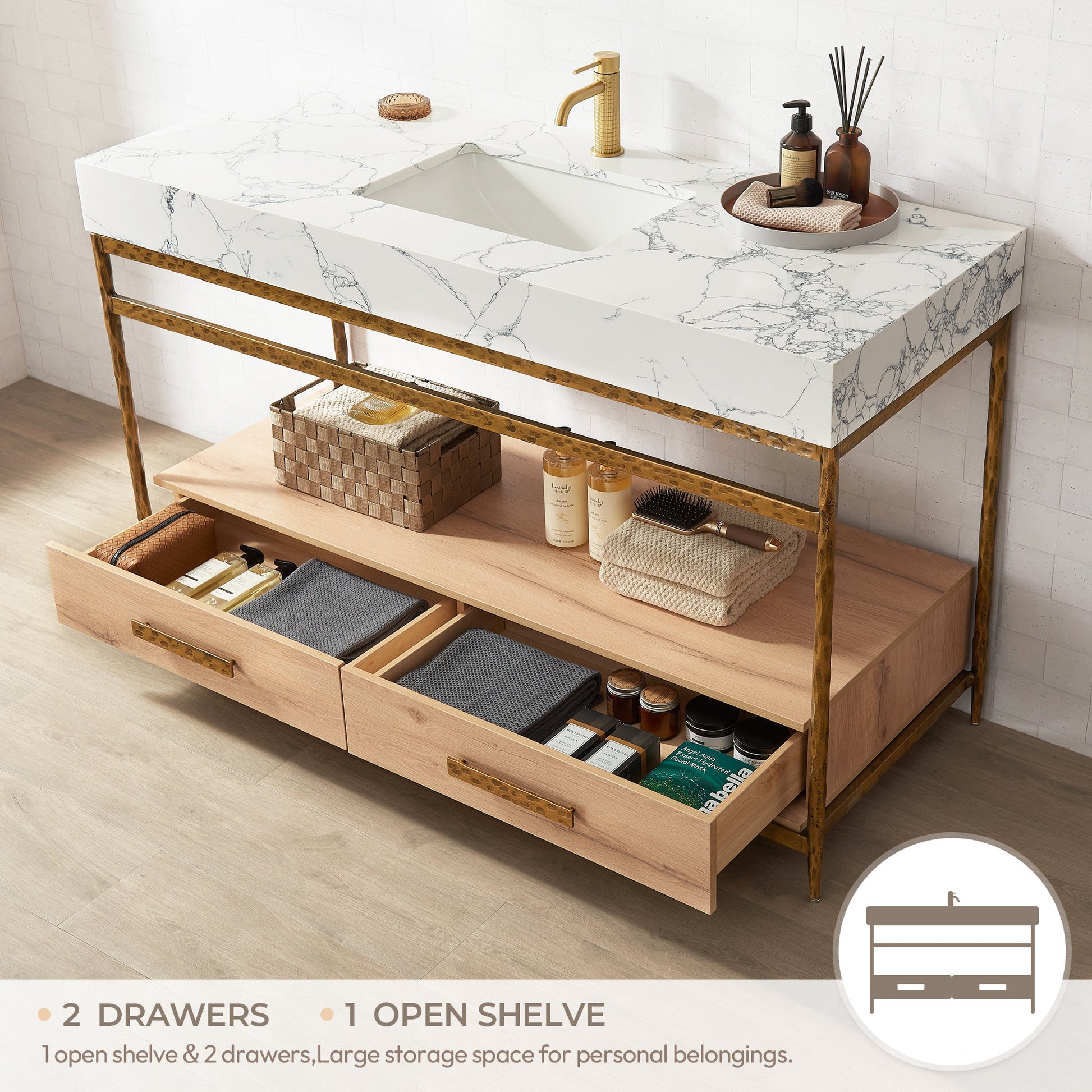 Dhaka 55" Free-standing Single Bath Vanity in Yellow Bronze Metal Support with Pandora White Composite Stone Top