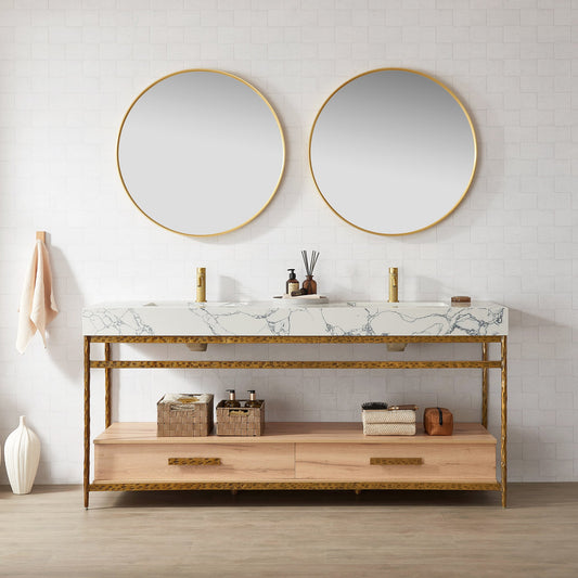 Dhaka 72" Free-standing Single Bath Vanity in Yellow Bronze Metal Support with Pandora White Composite Stone Top