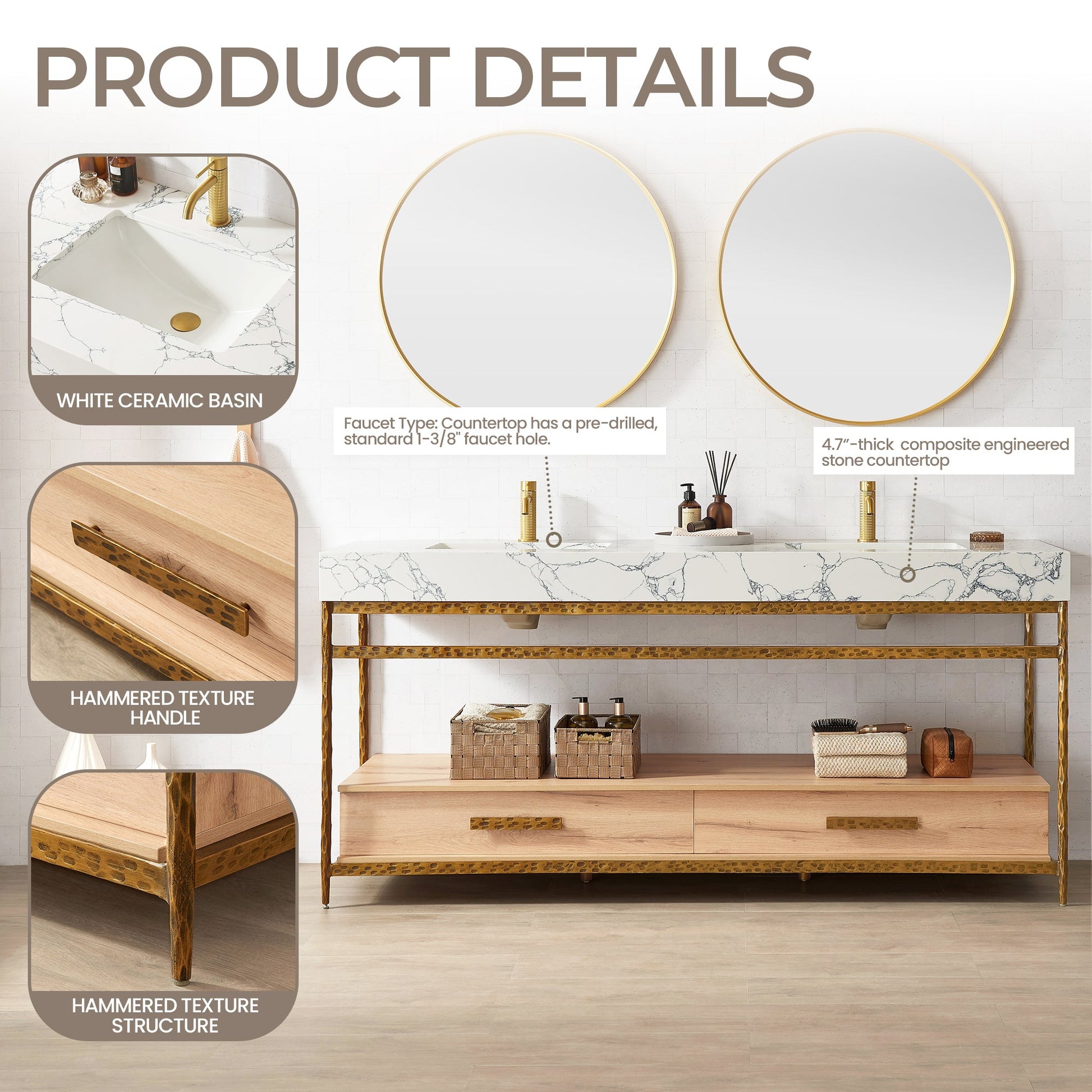 Dhaka 72" Free-standing Single Bath Vanity in Yellow Bronze Metal Support with Pandora White Composite Stone Top