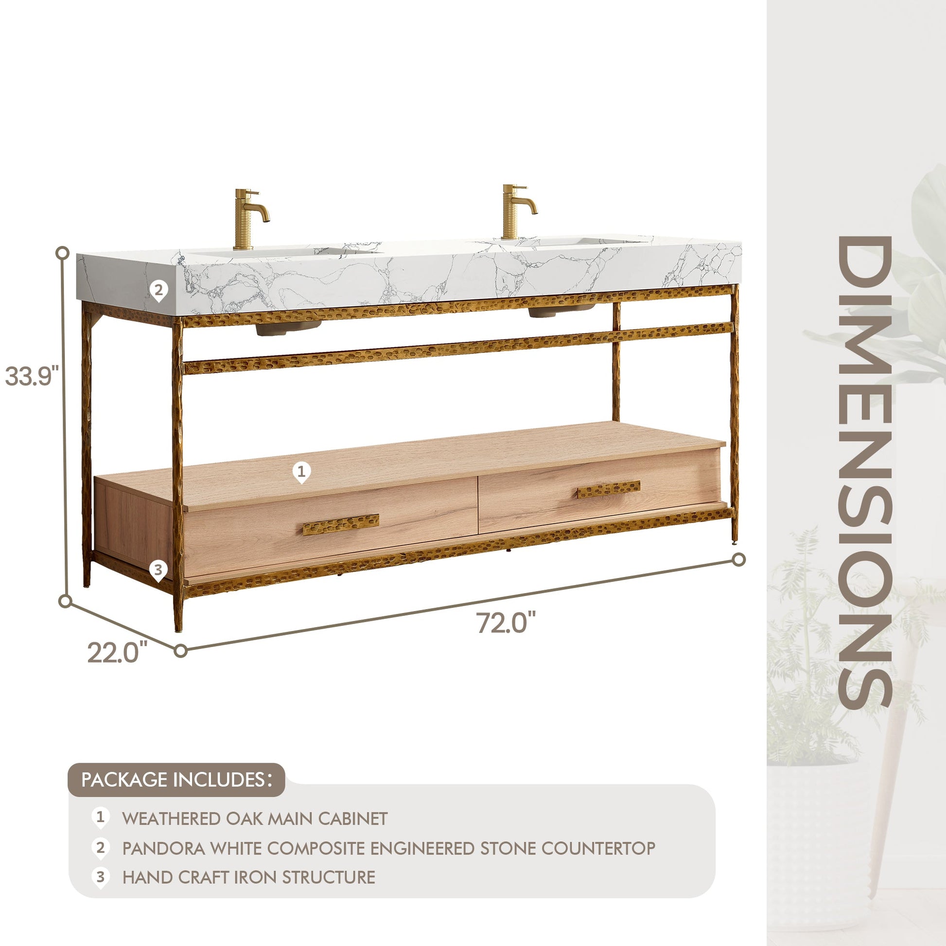 Dhaka 72" Free-standing Single Bath Vanity in Yellow Bronze Metal Support with Pandora White Composite Stone Top