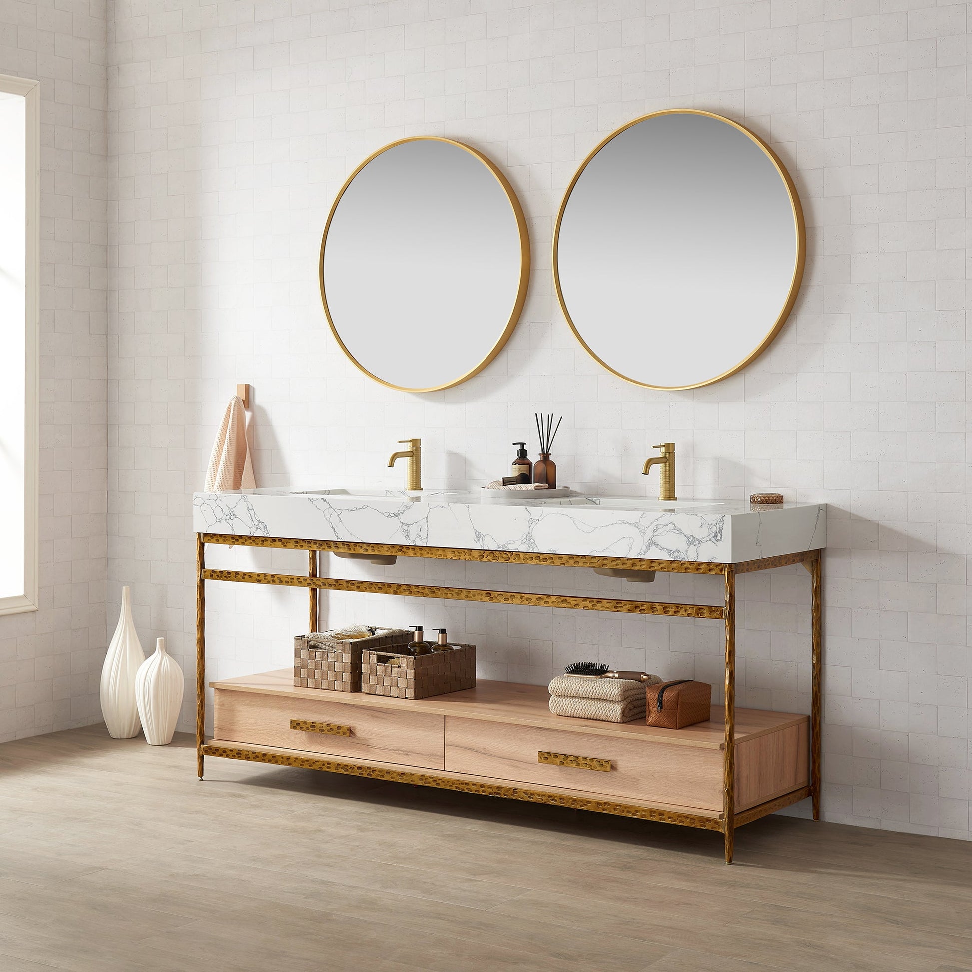 Dhaka 72" Free-standing Single Bath Vanity in Yellow Bronze Metal Support with Pandora White Composite Stone Top