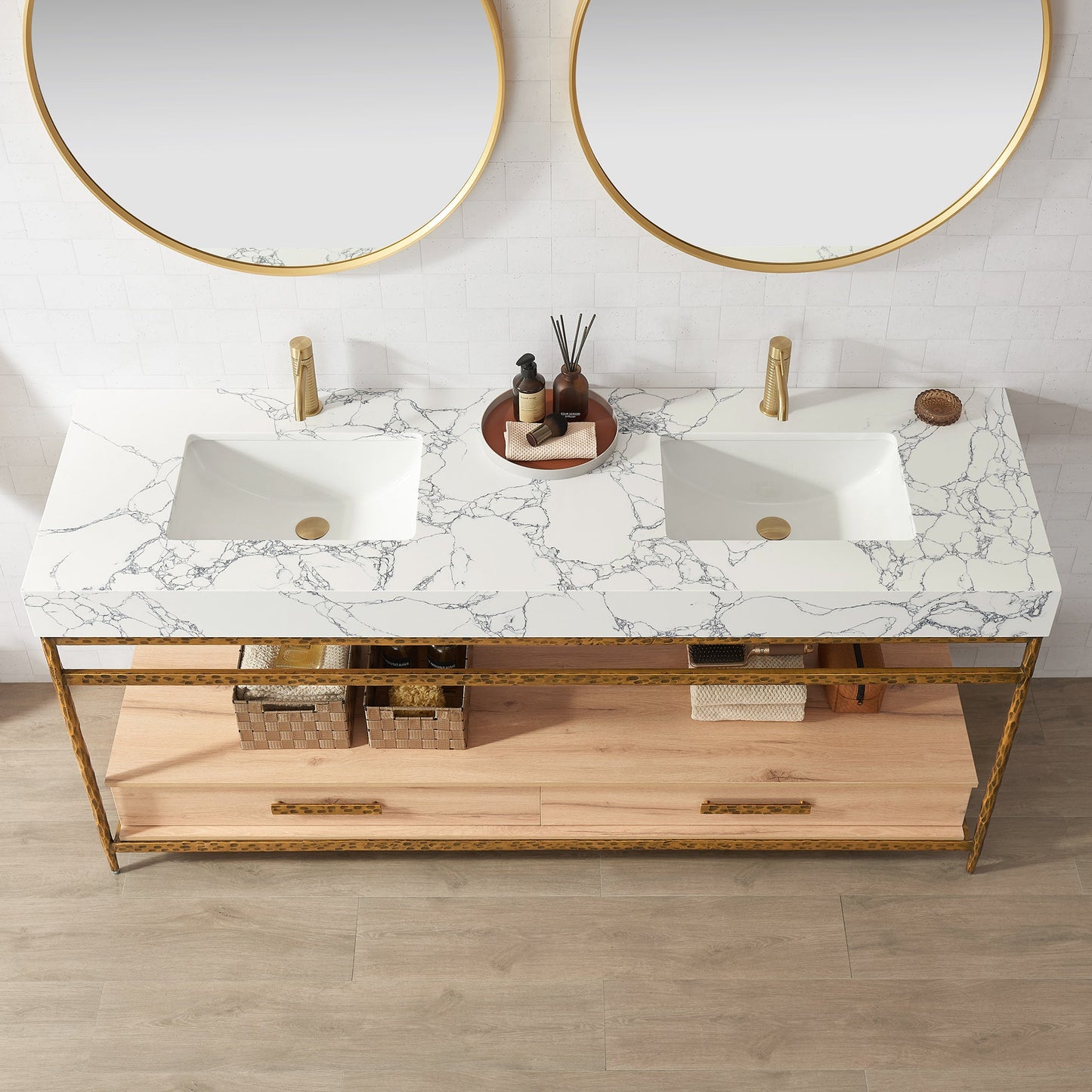 Dhaka 72" Free-standing Single Bath Vanity in Yellow Bronze Metal Support with Pandora White Composite Stone Top