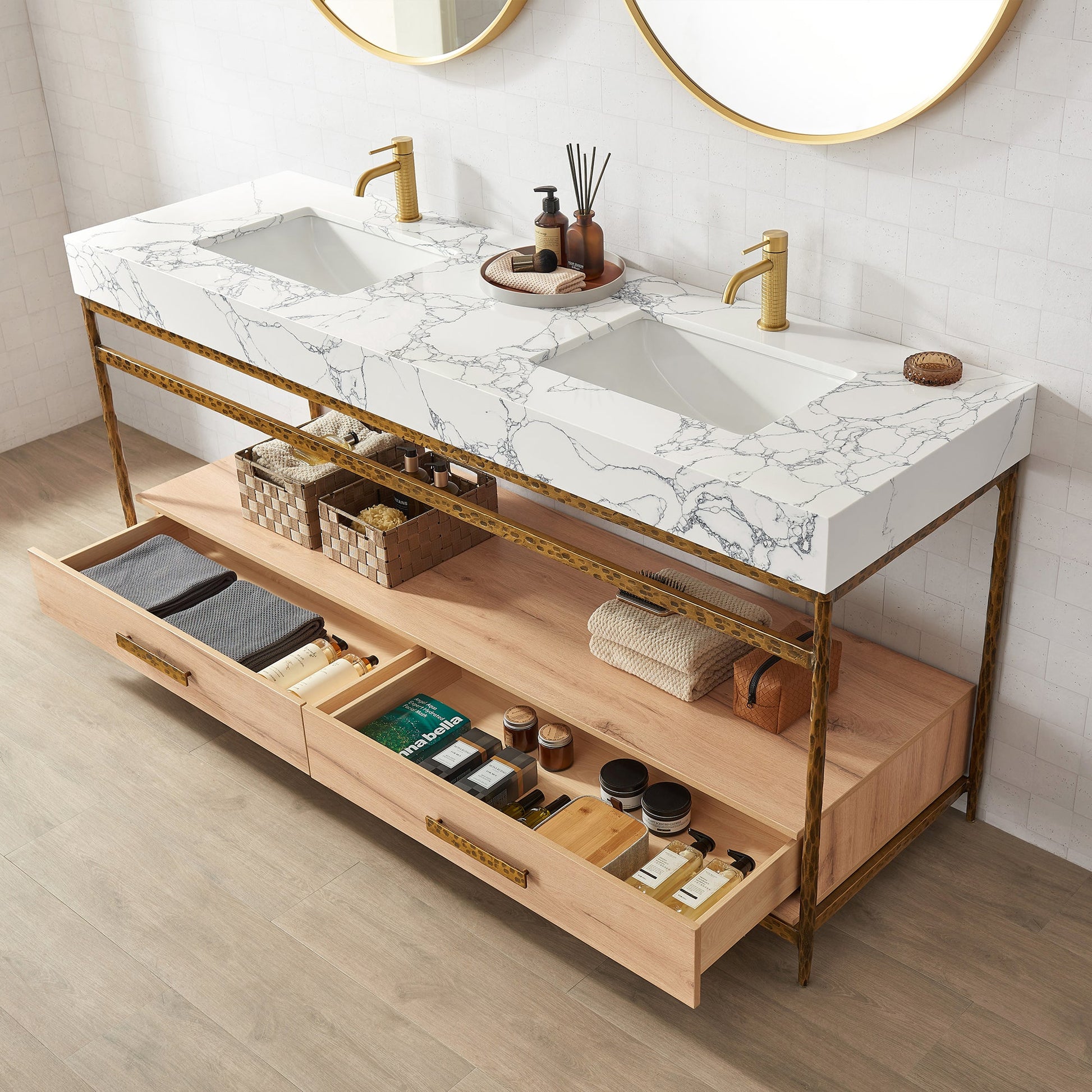 Dhaka 72" Free-standing Single Bath Vanity in Yellow Bronze Metal Support with Pandora White Composite Stone Top
