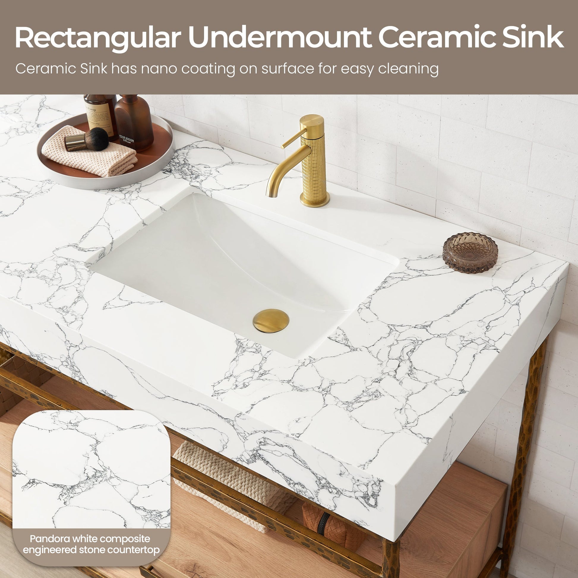 Dhaka 72" Free-standing Single Bath Vanity in Yellow Bronze Metal Support with Pandora White Composite Stone Top