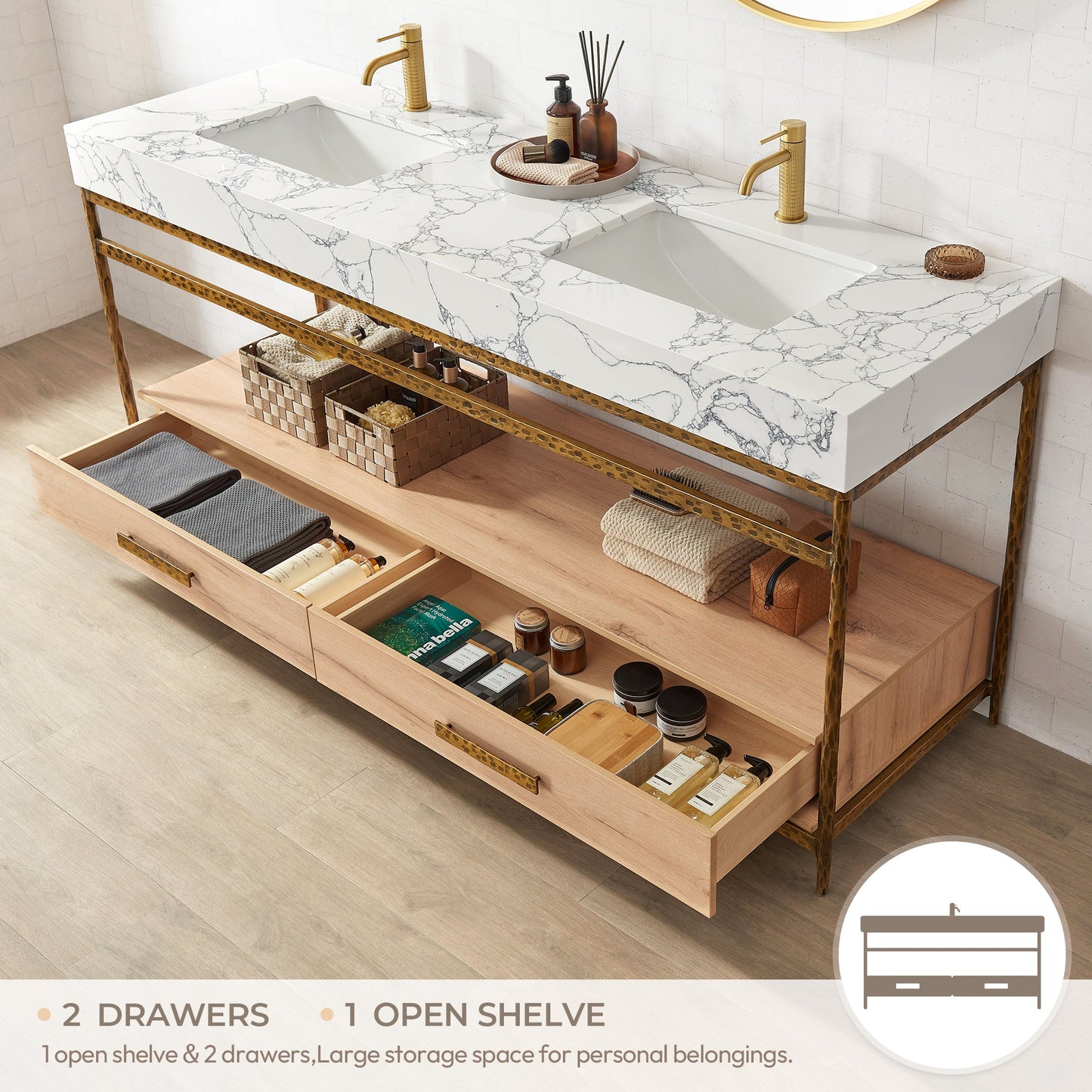 Dhaka 72" Free-standing Single Bath Vanity in Yellow Bronze Metal Support with Pandora White Composite Stone Top