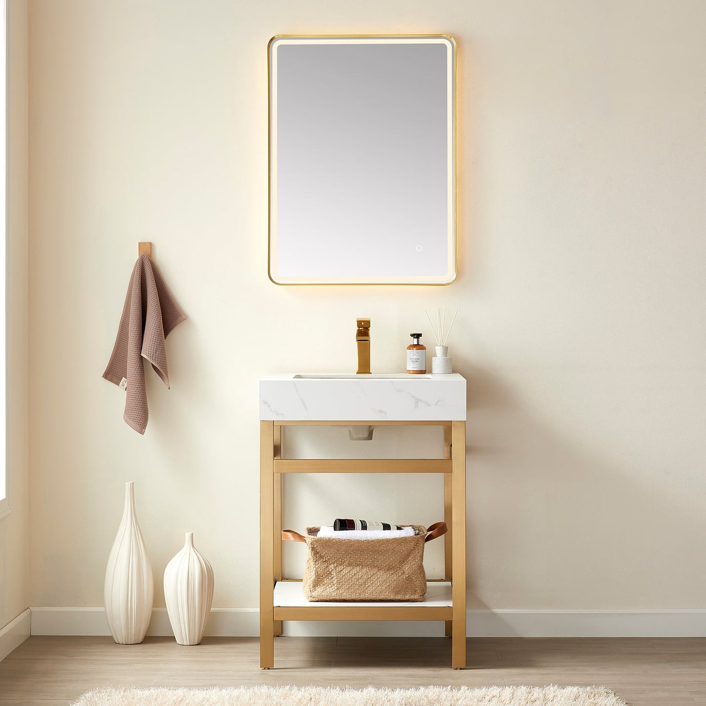 Funes 24" Single Sink Bath Vanity in Brushed Gold Metal Support with White Sintered Stone Top