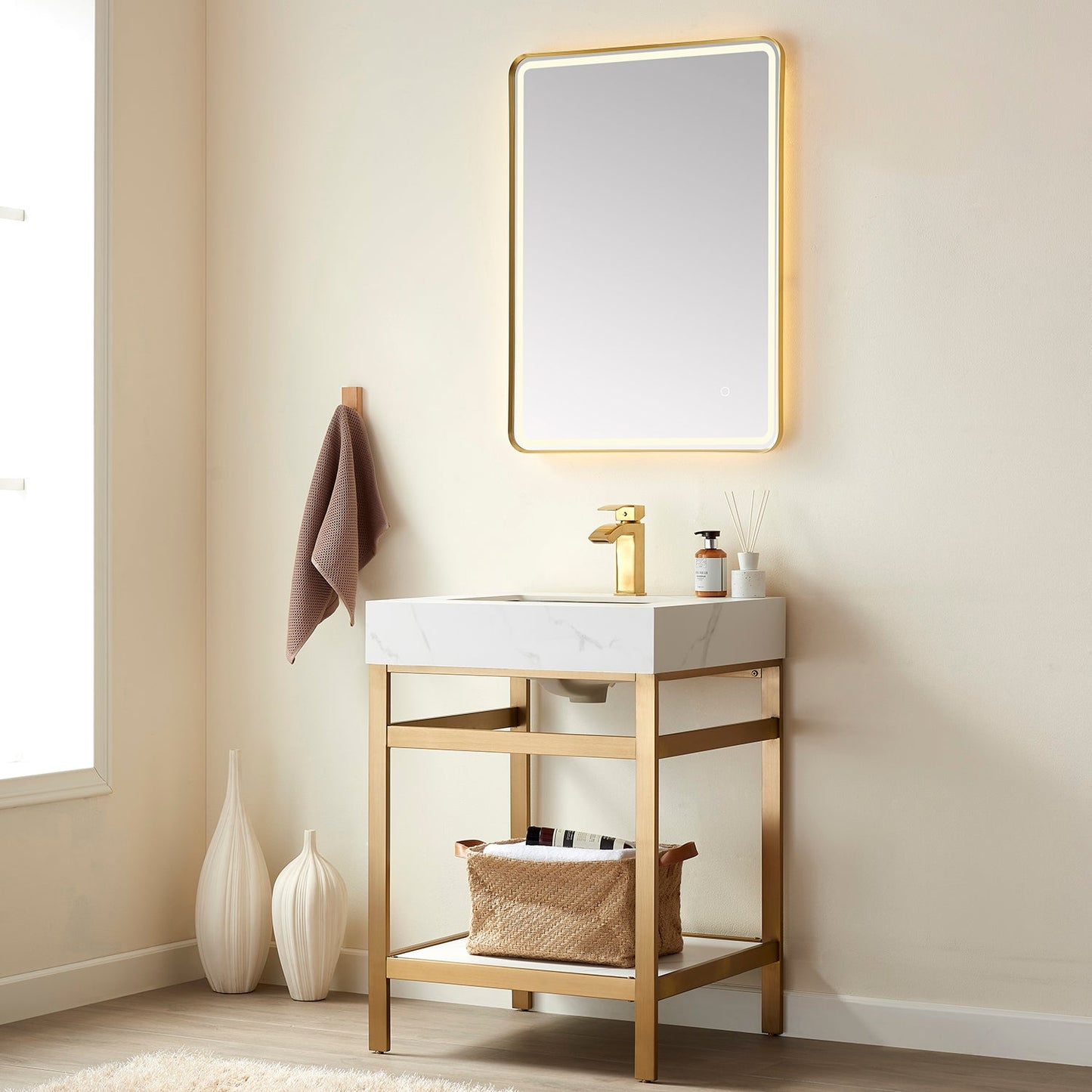 Funes 24" Single Sink Bath Vanity in Brushed Gold Metal Support with White Sintered Stone Top