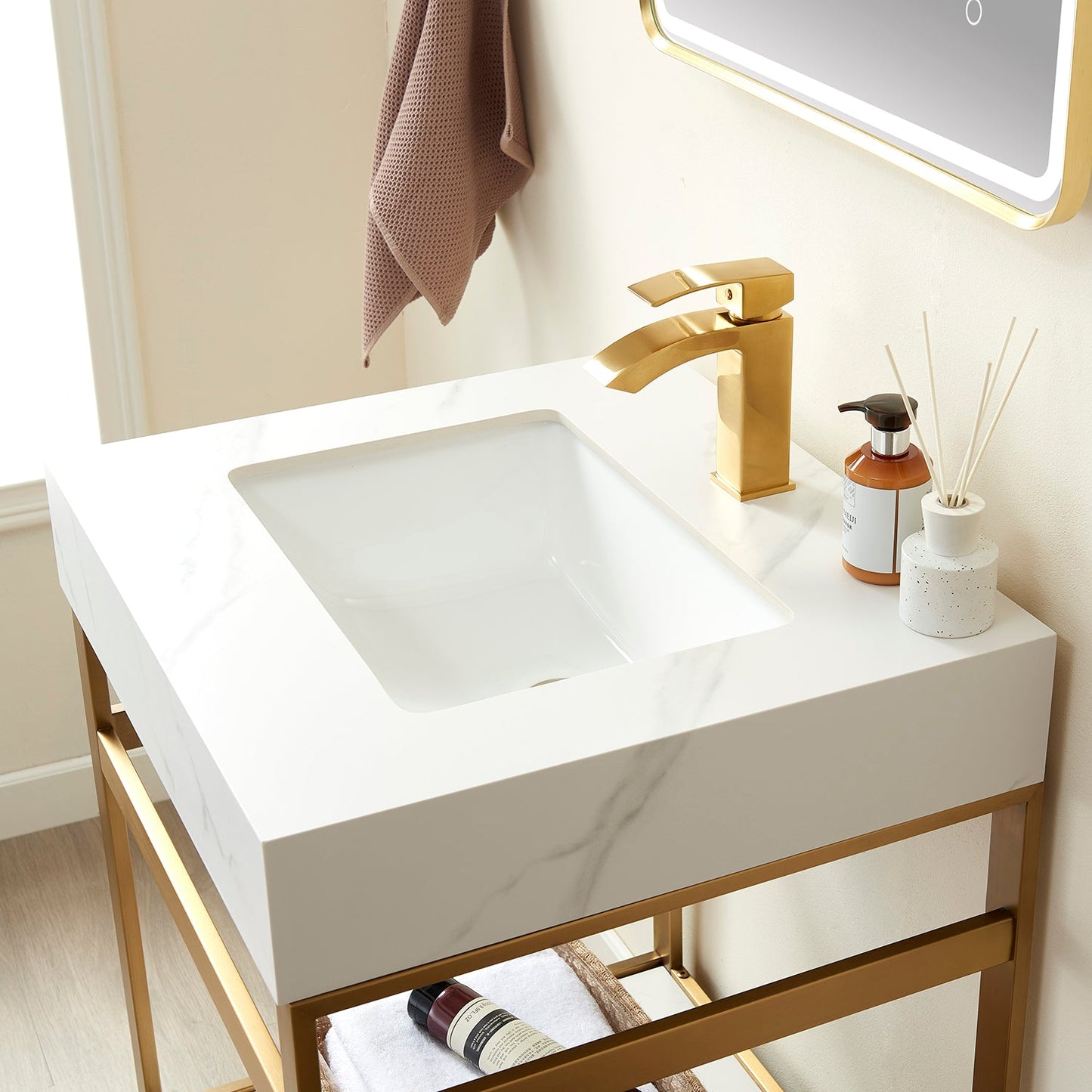 Funes 24" Single Sink Bath Vanity in Brushed Gold Metal Support with White Sintered Stone Top