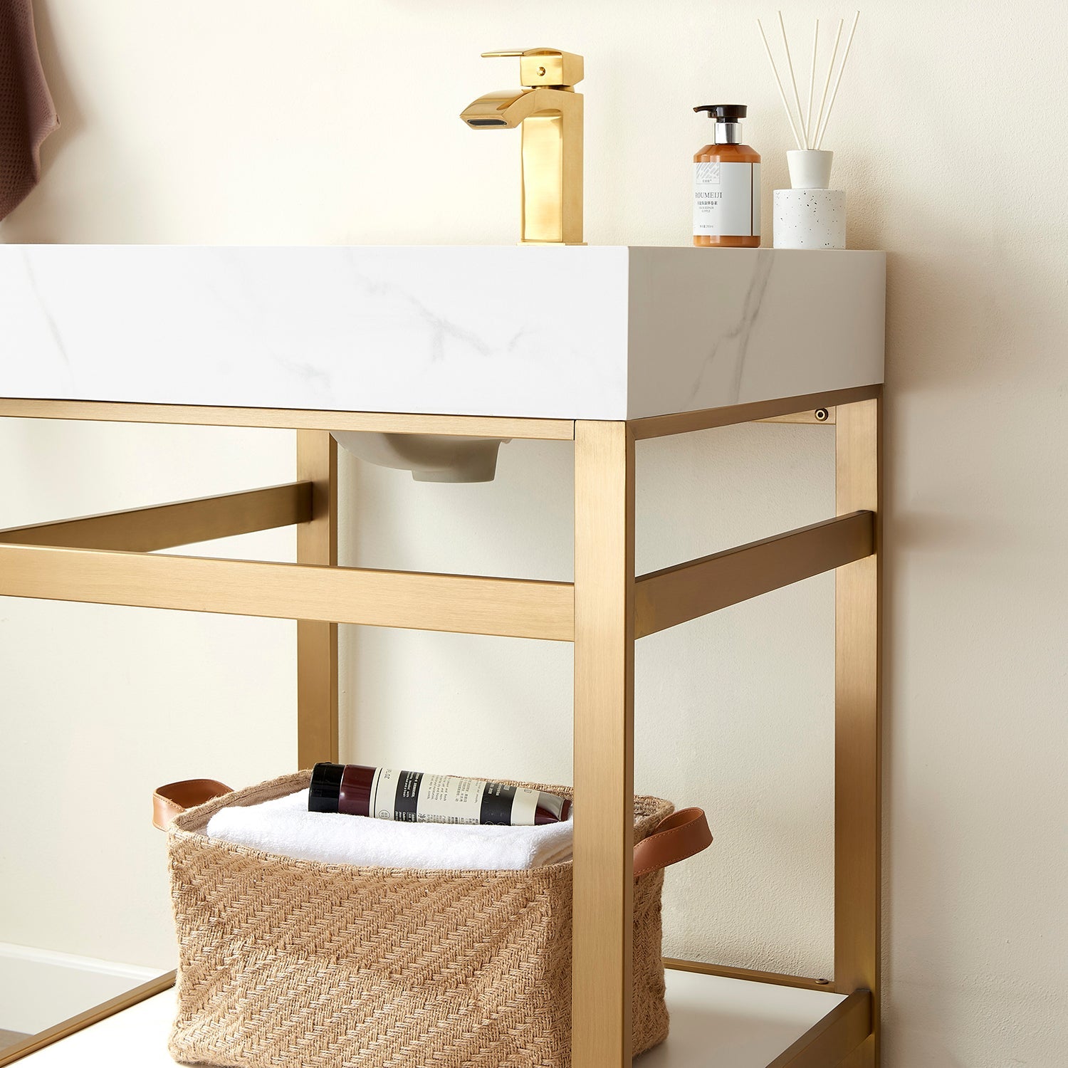 Funes 24" Single Sink Bath Vanity in Brushed Gold Metal Support with White Sintered Stone Top