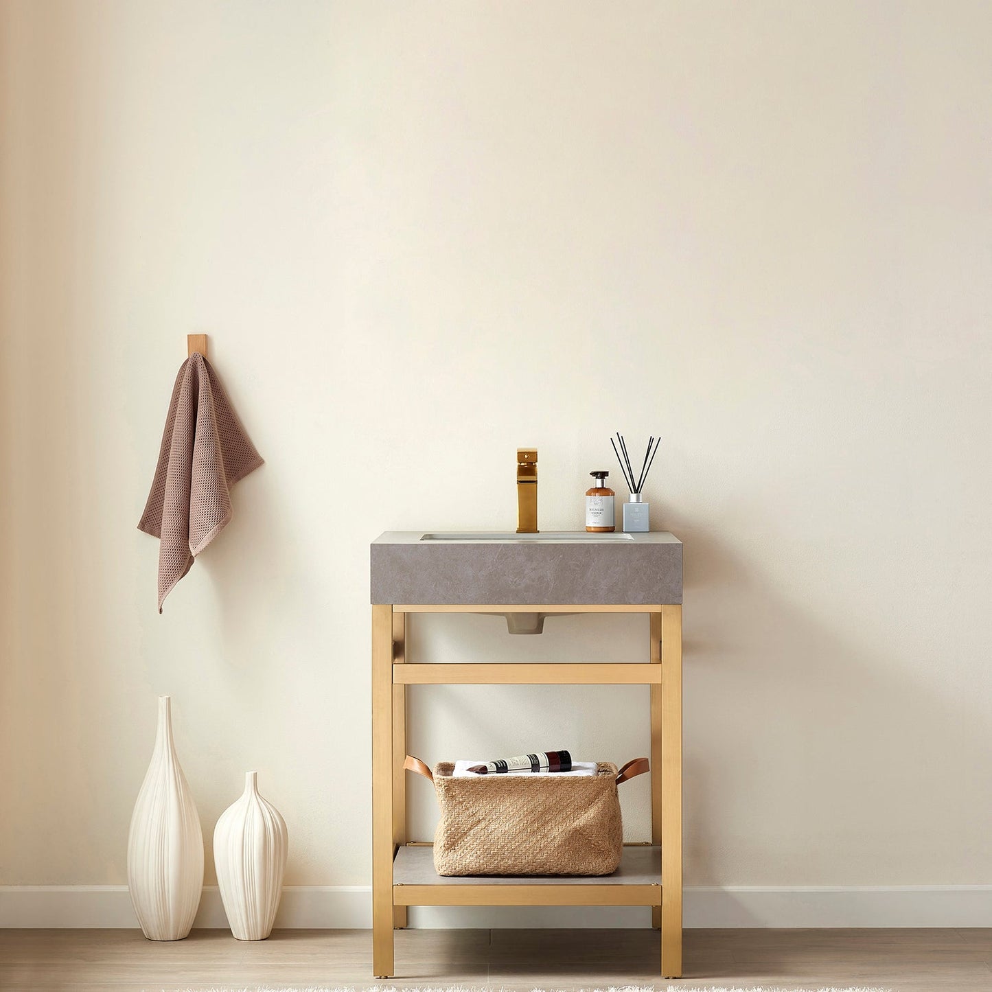 Funes 24" Single Sink Bath Vanity in Brushed Gold Metal Support with Grey Sintered Stone Top