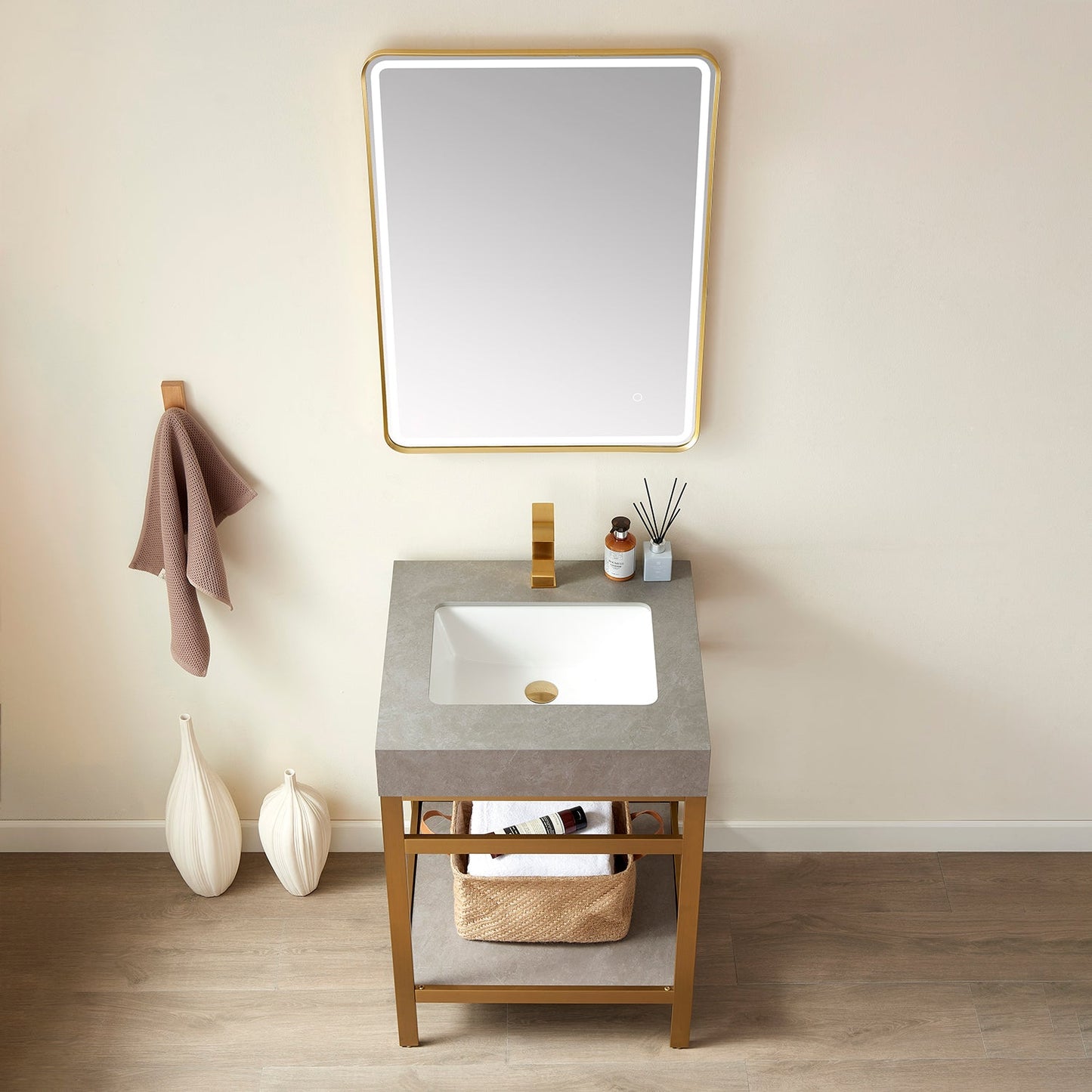 Funes 24" Single Sink Bath Vanity in Brushed Gold Metal Support with Grey Sintered Stone Top