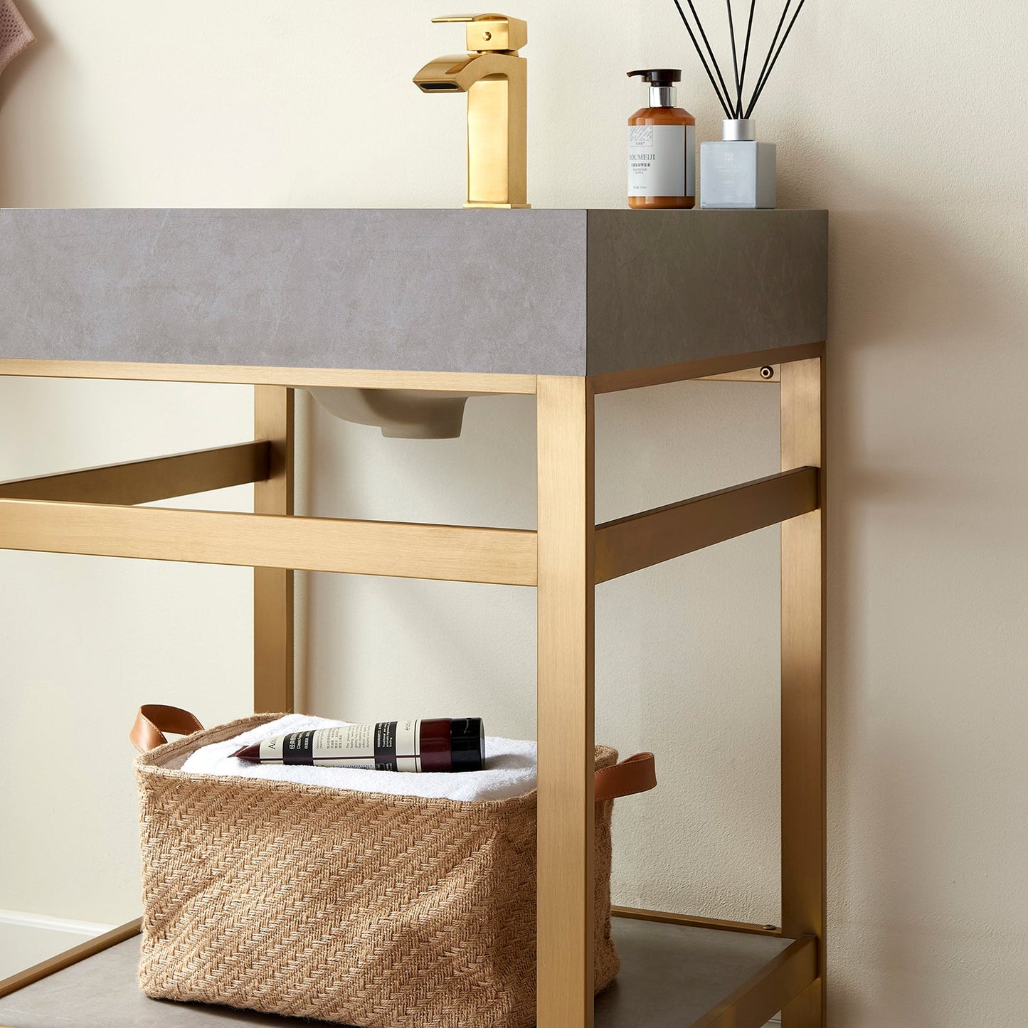 Funes 24" Single Sink Bath Vanity in Brushed Gold Metal Support with Grey Sintered Stone Top