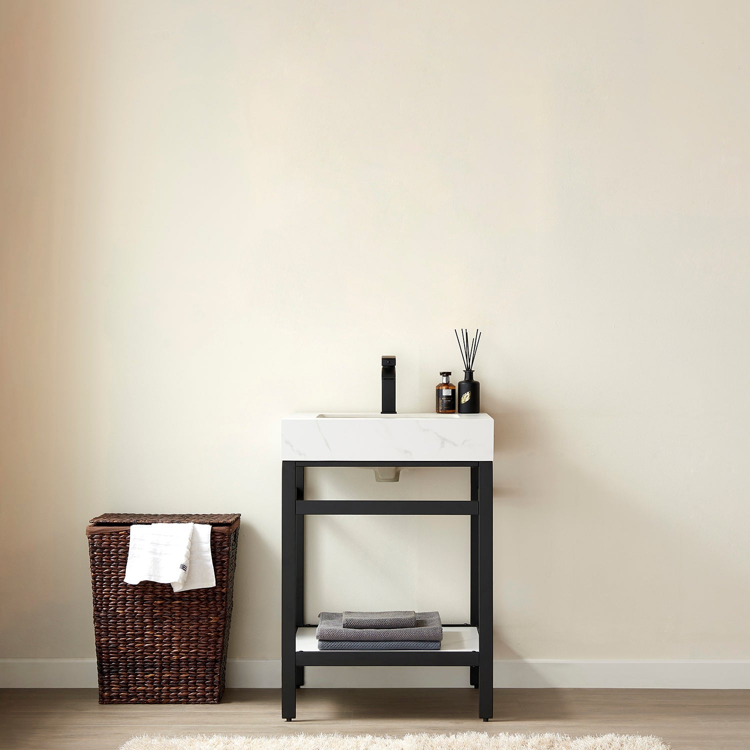 Funes 24" Single Sink Bath Vanity in Matte Black Metal Support with White Sintered Stone Top