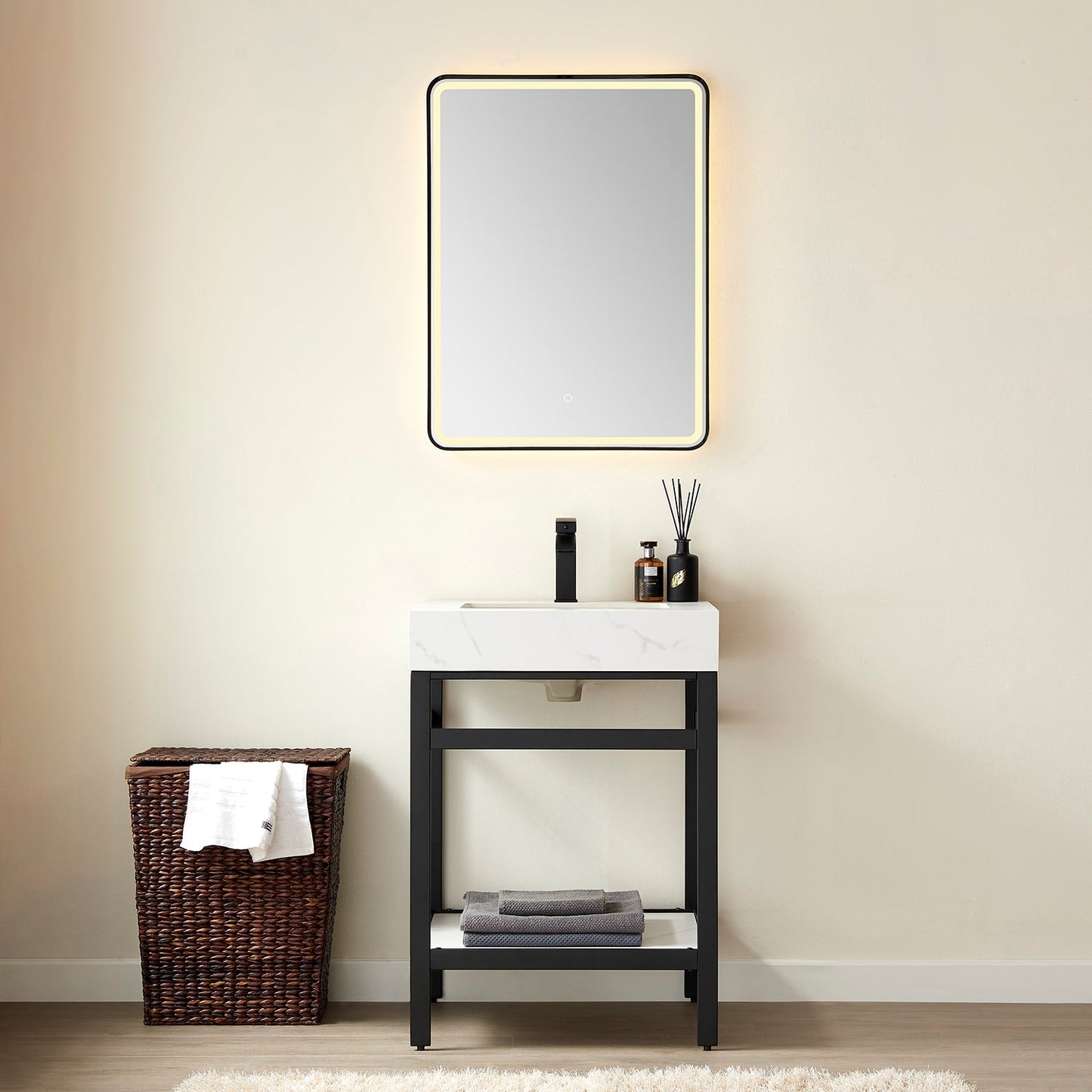 Funes 24" Single Sink Bath Vanity in Matte Black Metal Support with White Sintered Stone Top