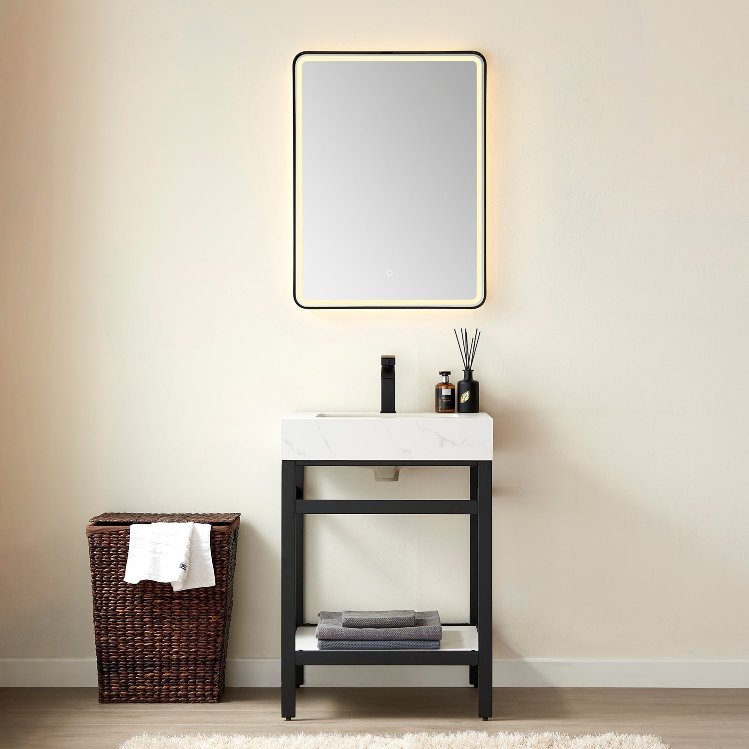 Funes 24" Single Sink Bath Vanity in Matte Black Metal Support with White Sintered Stone Top