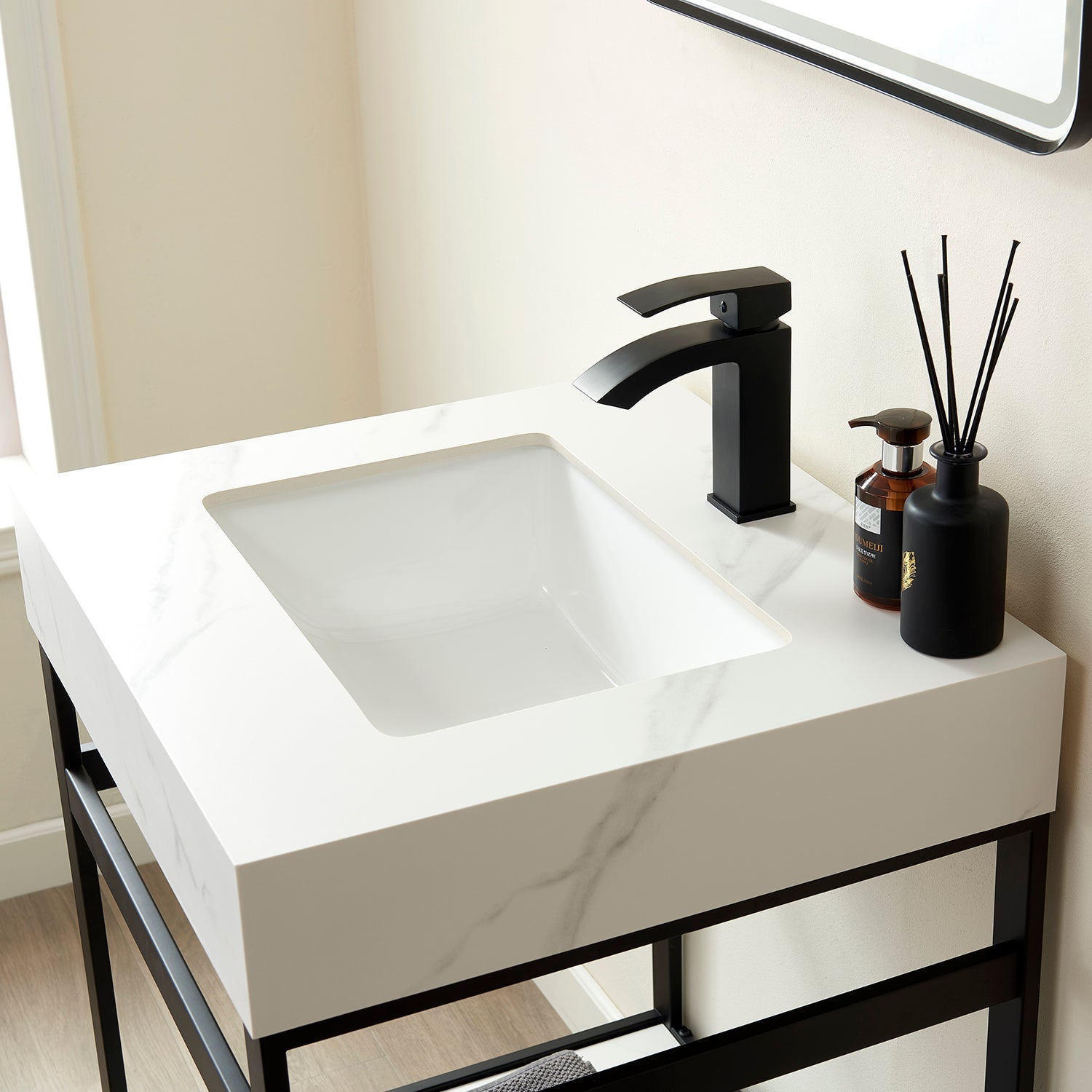 Funes 24" Single Sink Bath Vanity in Matte Black Metal Support with White Sintered Stone Top