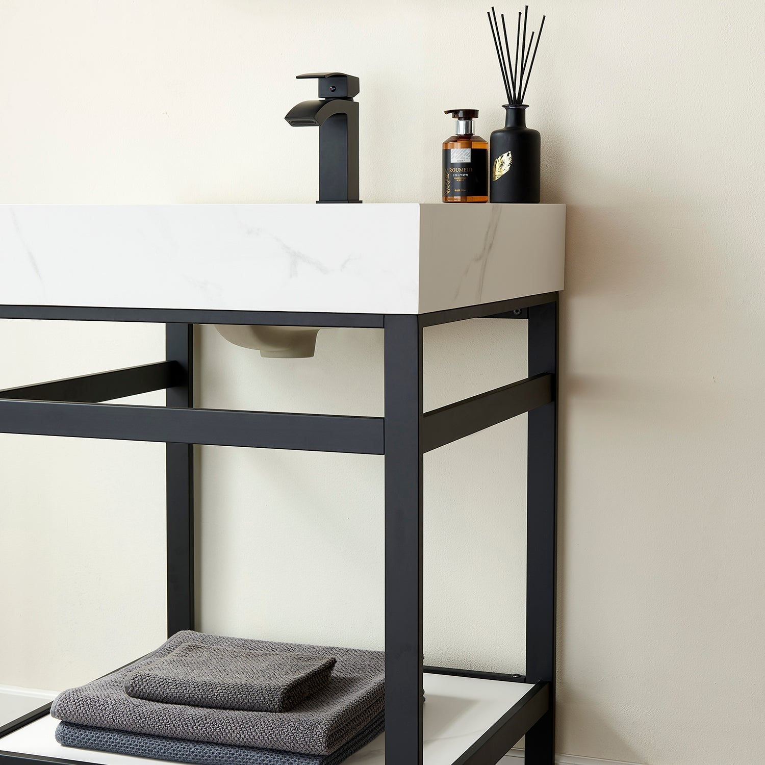Funes 24" Single Sink Bath Vanity in Matte Black Metal Support with White Sintered Stone Top