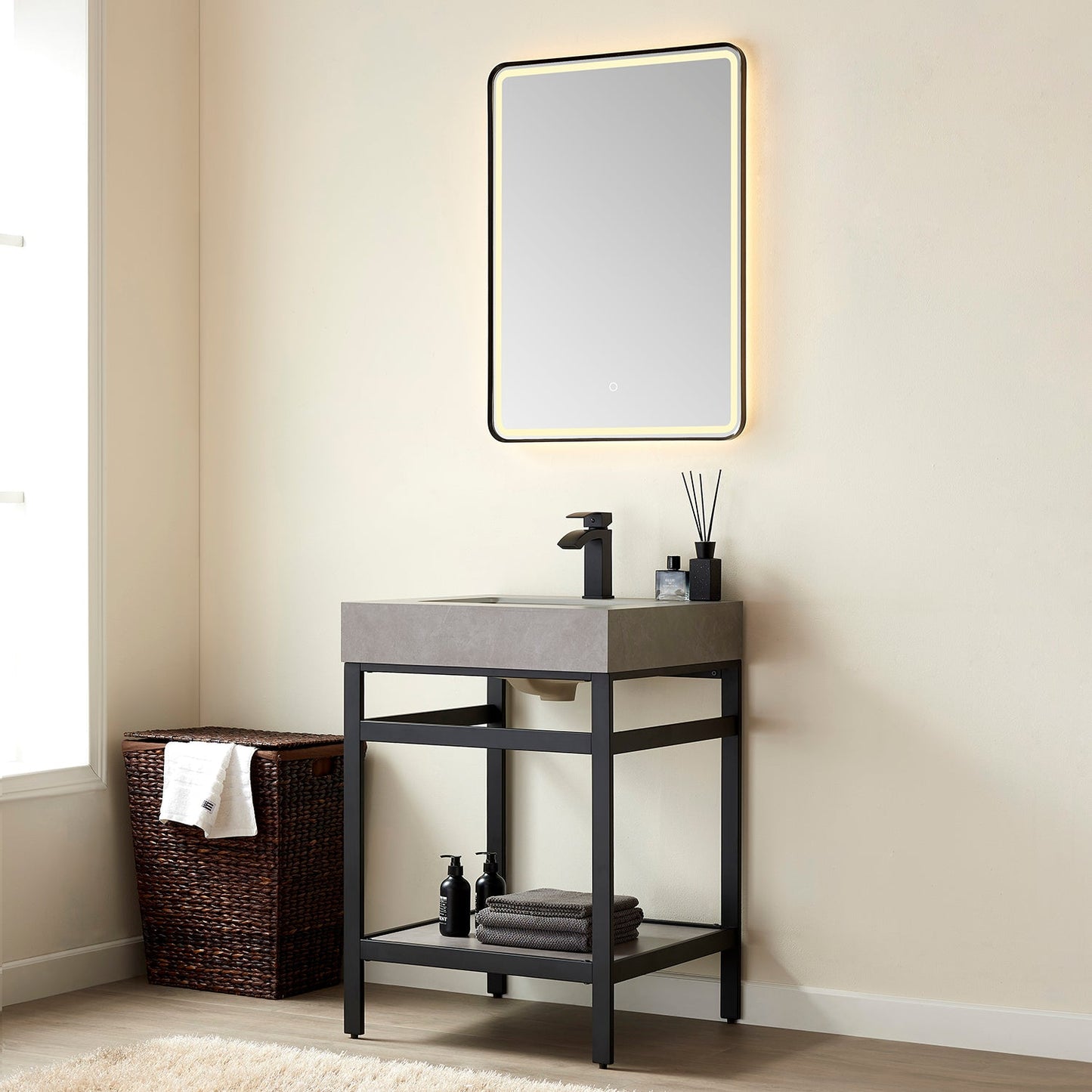 Funes 24" Single Sink Bath Vanity in Matte Black Metal Support with Grey Sintered Stone Top