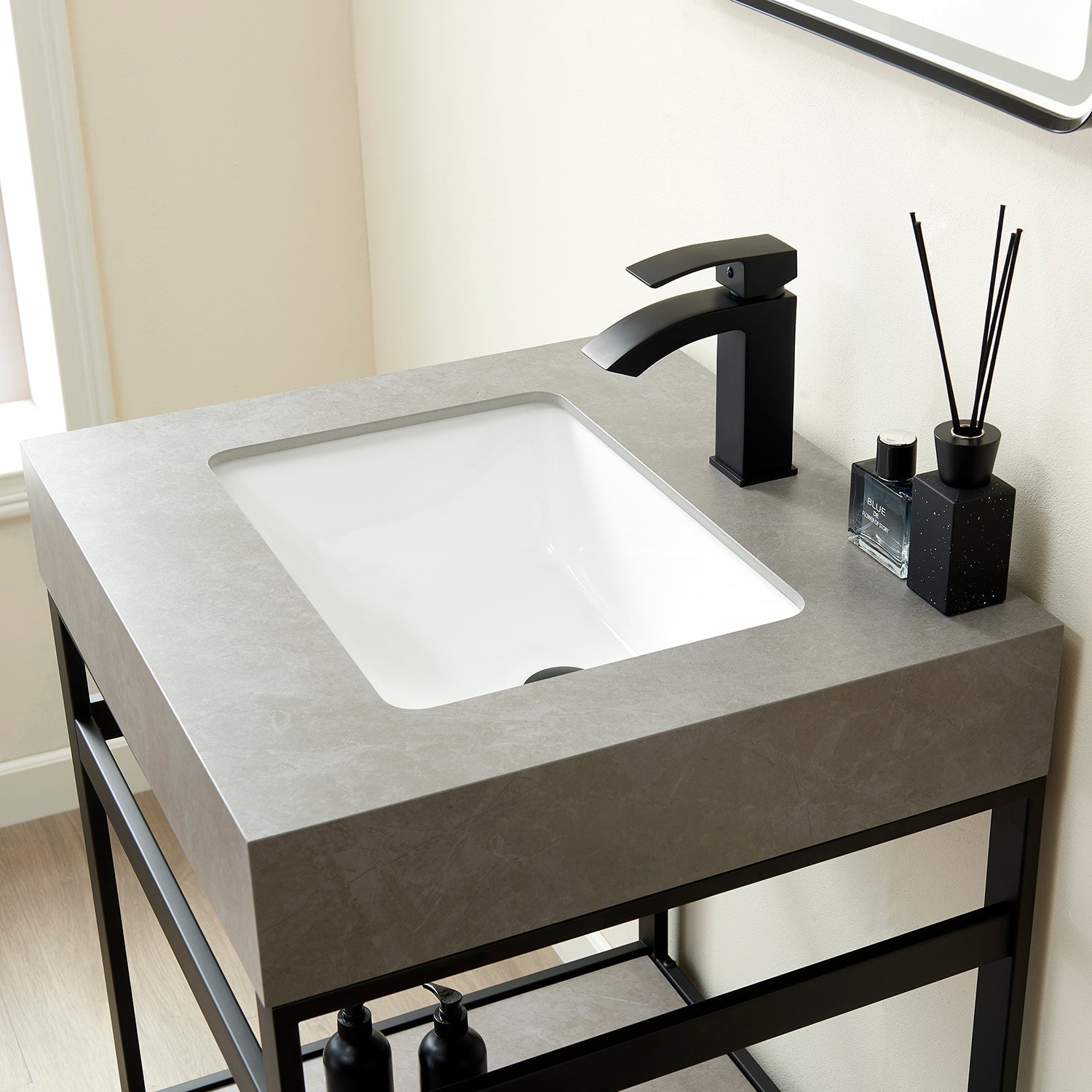 Funes 24" Single Sink Bath Vanity in Matte Black Metal Support with Grey Sintered Stone Top