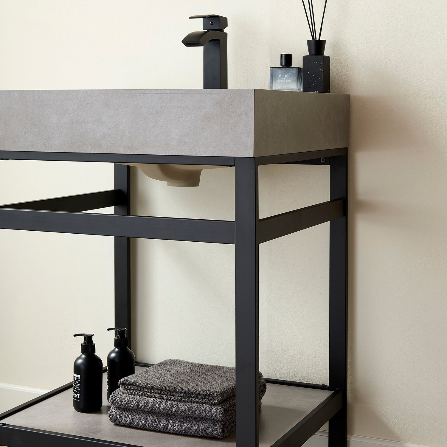 Funes 24" Single Sink Bath Vanity in Matte Black Metal Support with Grey Sintered Stone Top