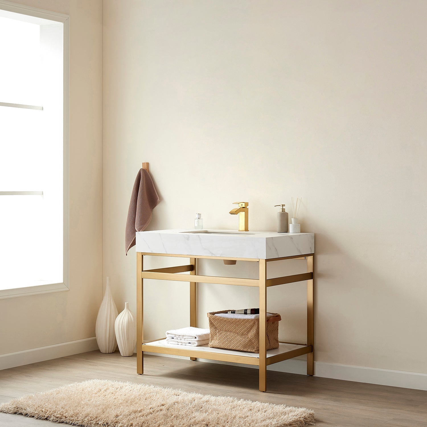 Funes 36" Single Sink Bath Vanity in Brushed Gold Metal Support with White Sintered Stone Top