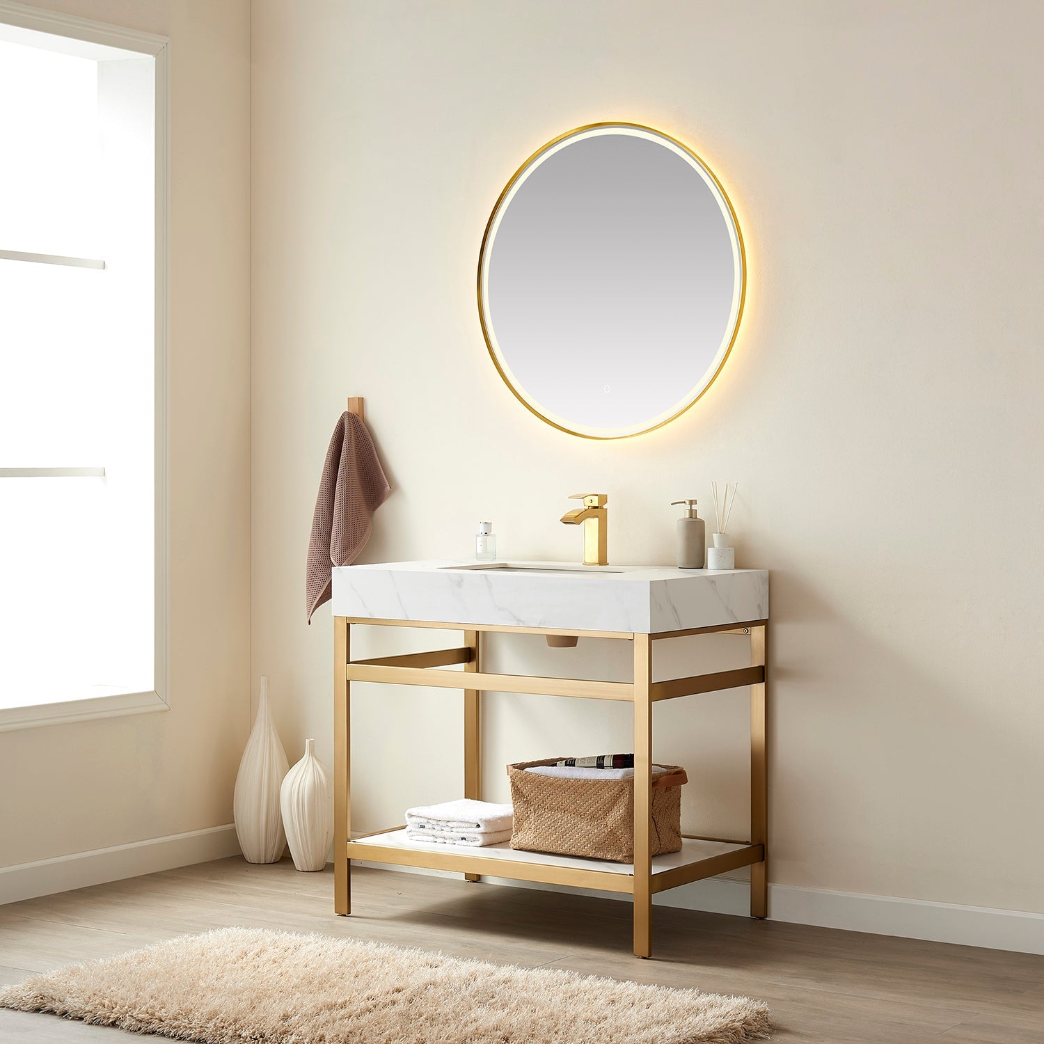 Funes 36" Single Sink Bath Vanity in Brushed Gold Metal Support with White Sintered Stone Top