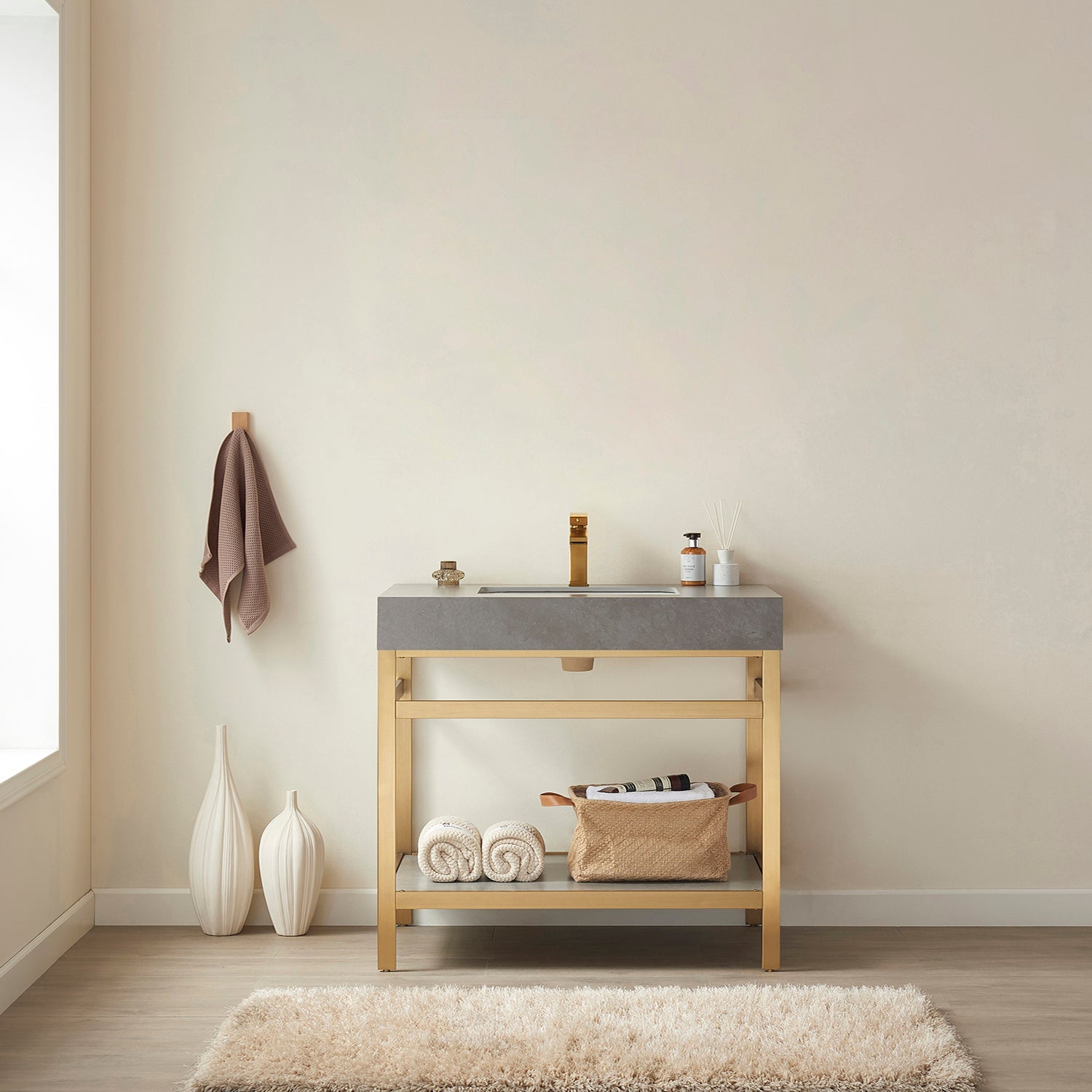 Funes 36" Single Sink Bath Vanity in Brushed Gold Metal Support with Grey Sintered Stone Top